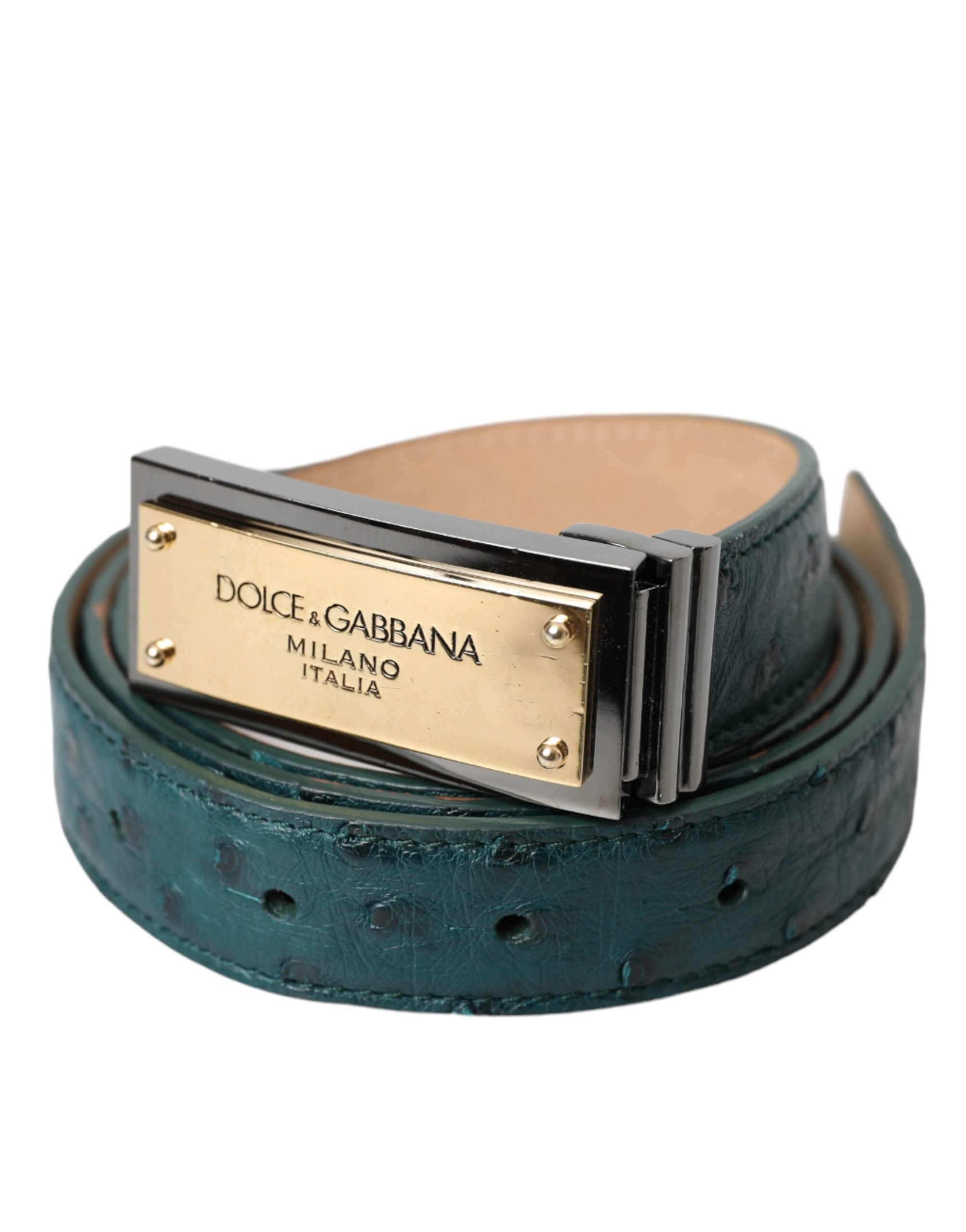 Green Leather Gold Logo Engraved Buckle Belt - ventzia