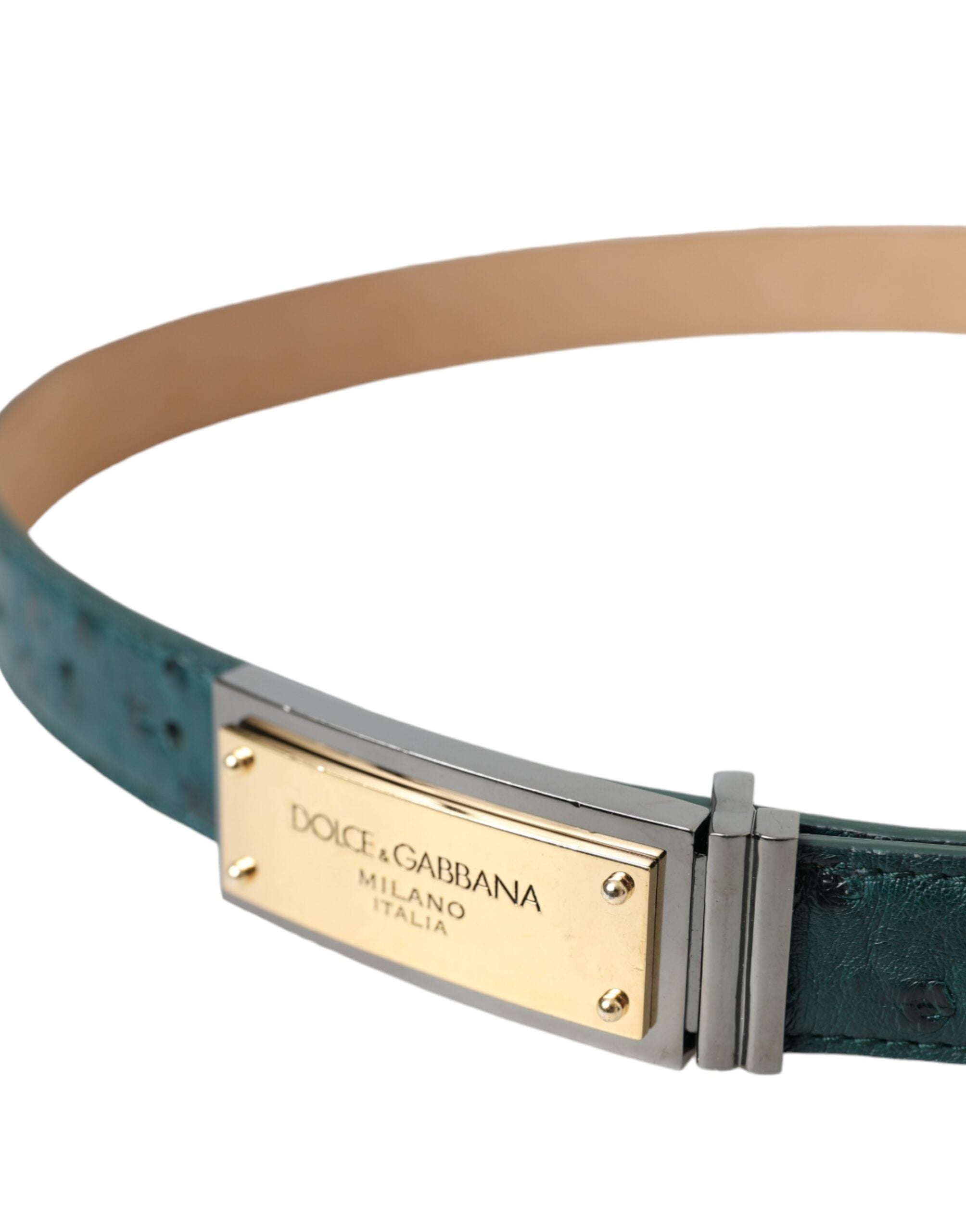 Green Leather Gold Logo Engraved Buckle Belt - ventzia