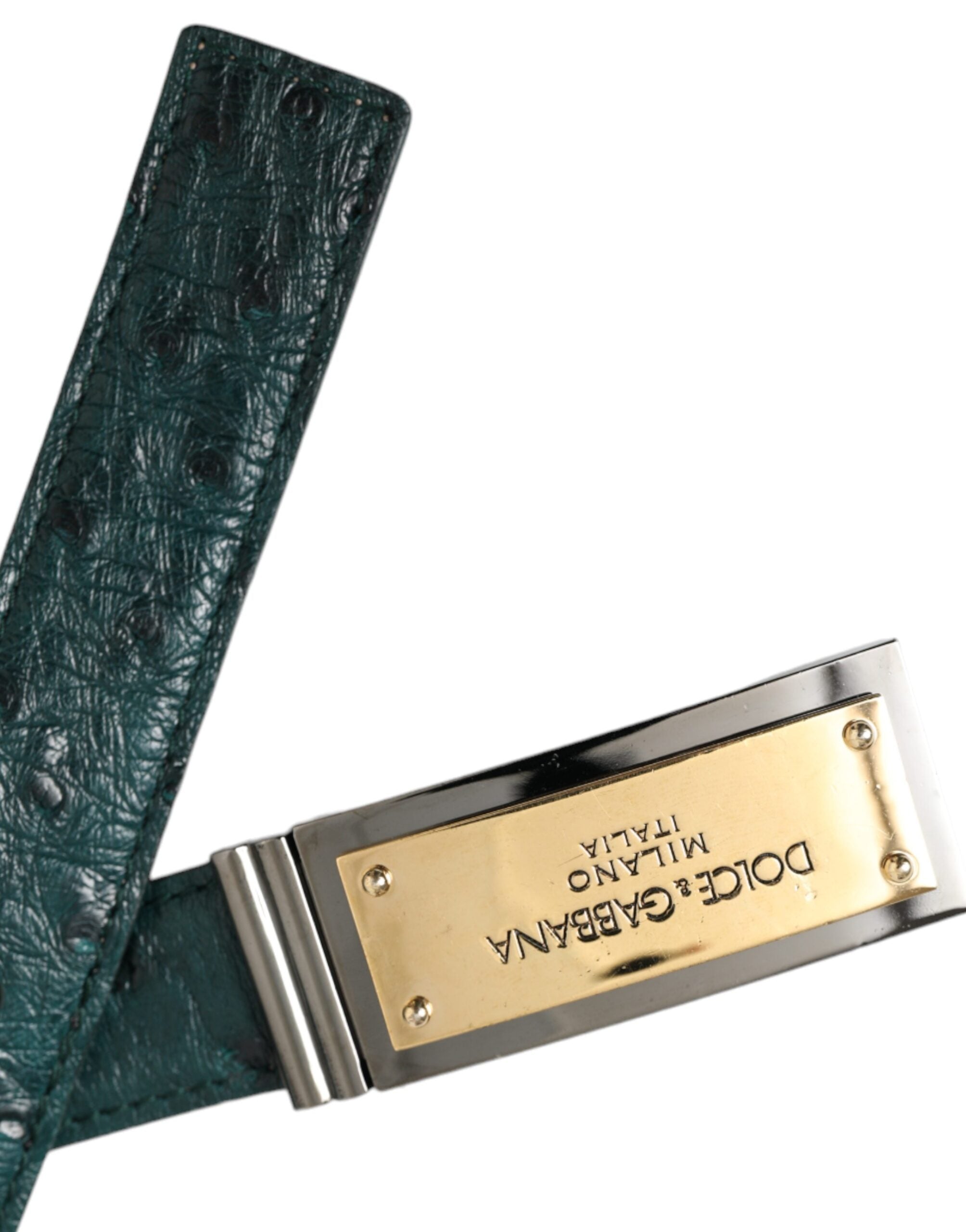 Green Leather Gold Logo Engraved Buckle Belt - ventzia