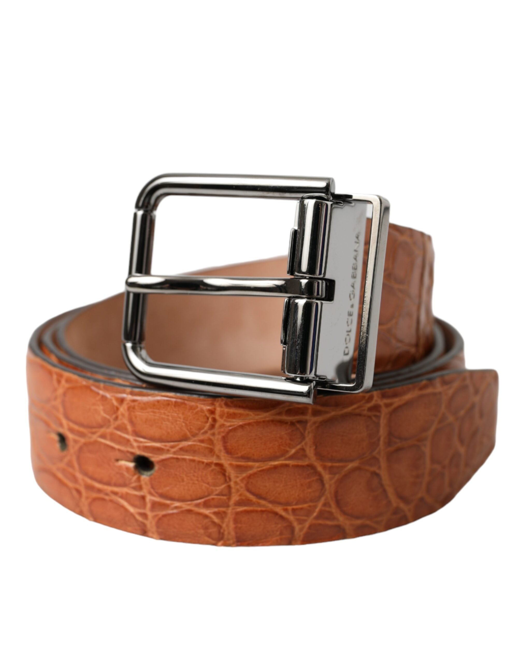 Brown Exotic Leather Silver Metal Buckle Belt - ventzia
