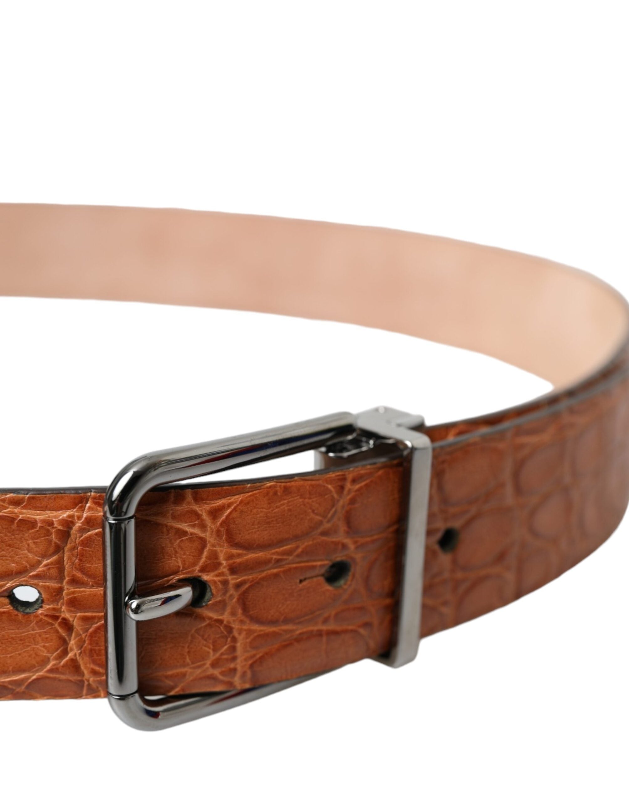 Brown Exotic Leather Silver Metal Buckle Belt - ventzia