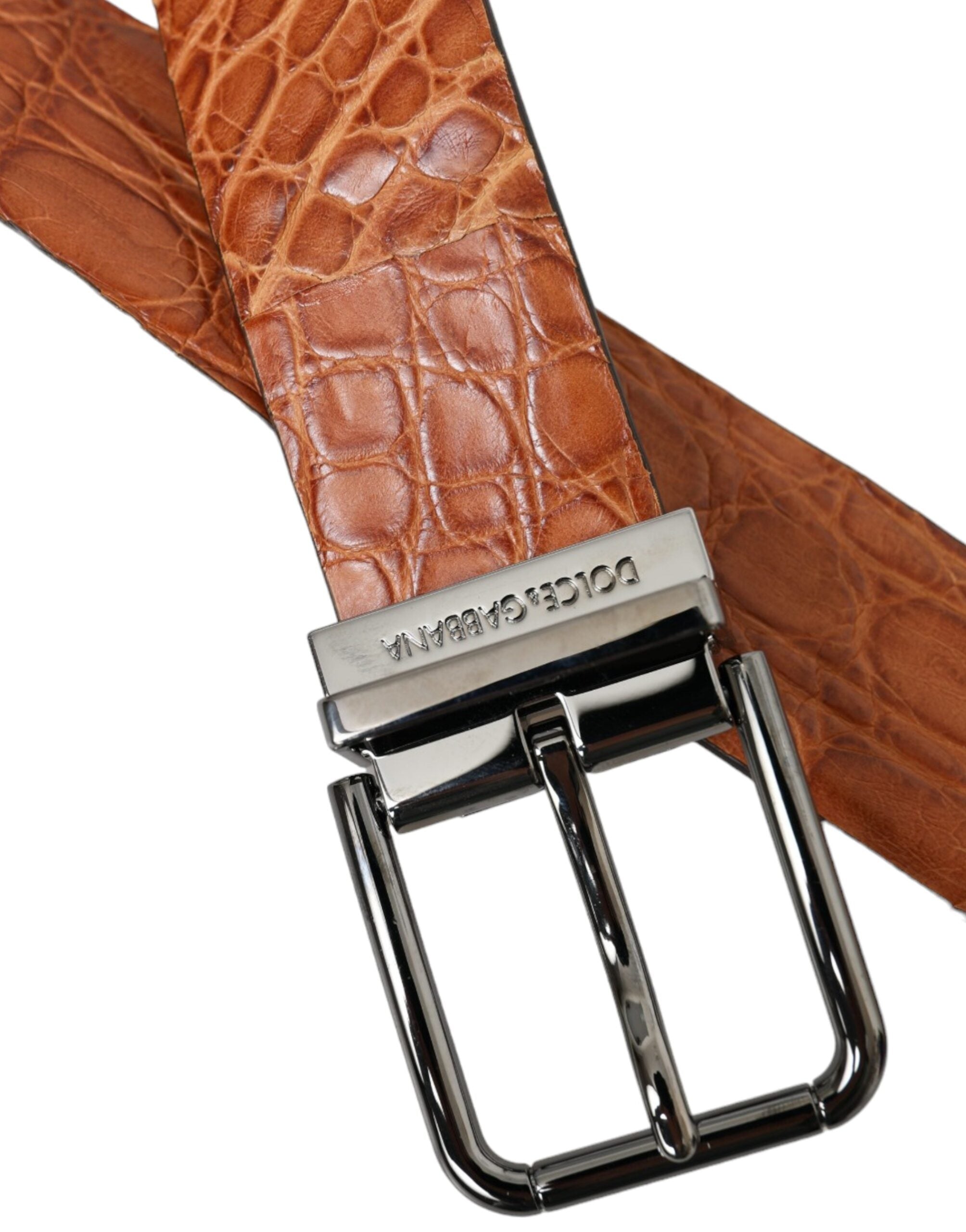 Brown Exotic Leather Silver Metal Buckle Belt - ventzia