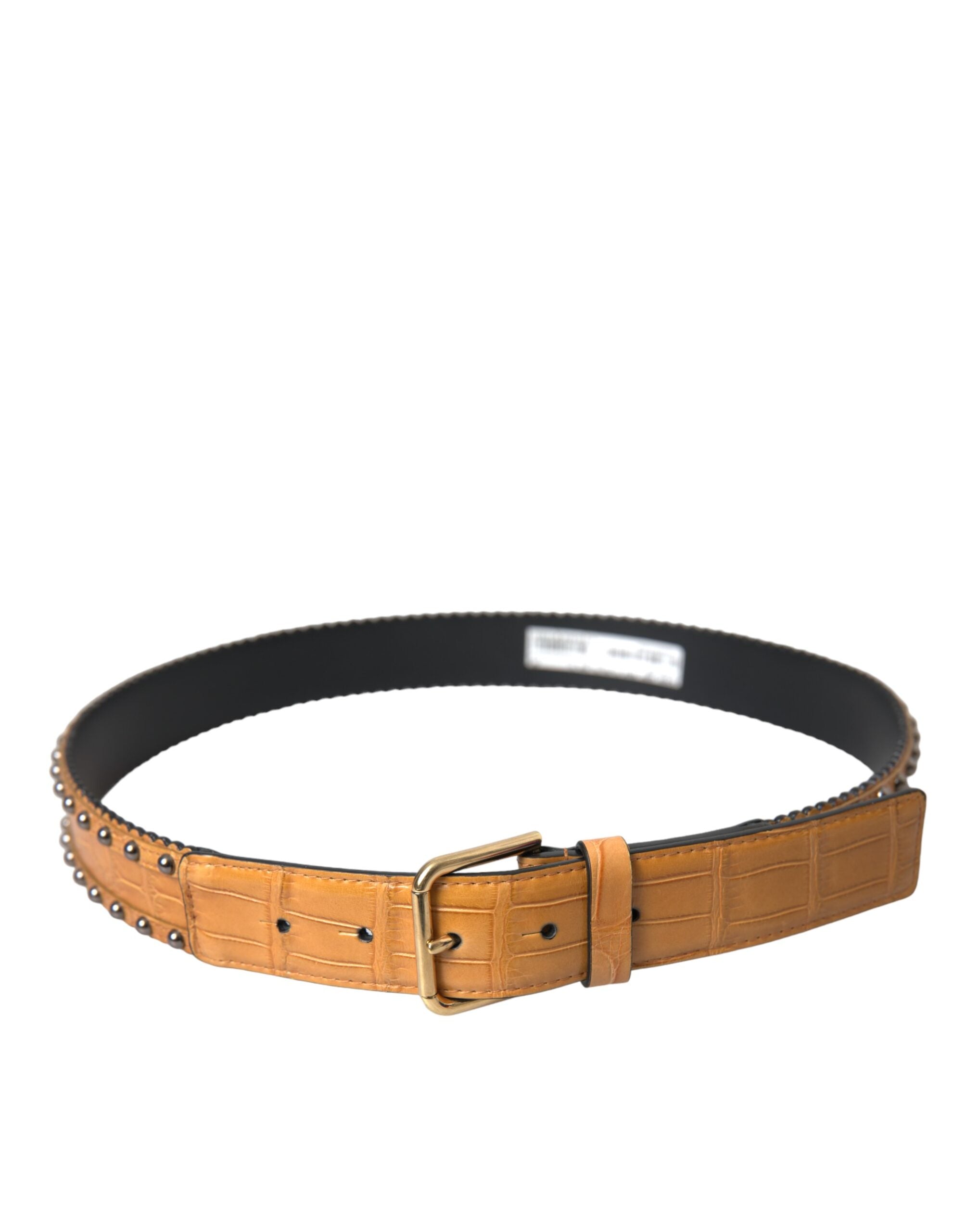 Beige Alligator Leather Studded Metal Buckle Belt - ventzia