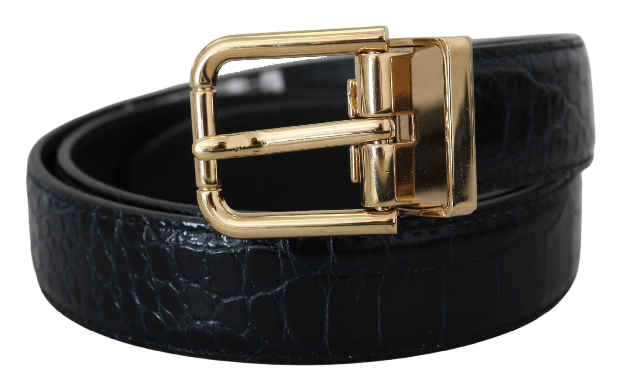 Black Exotic Leather Gold Metal Buckle Belt - ventzia