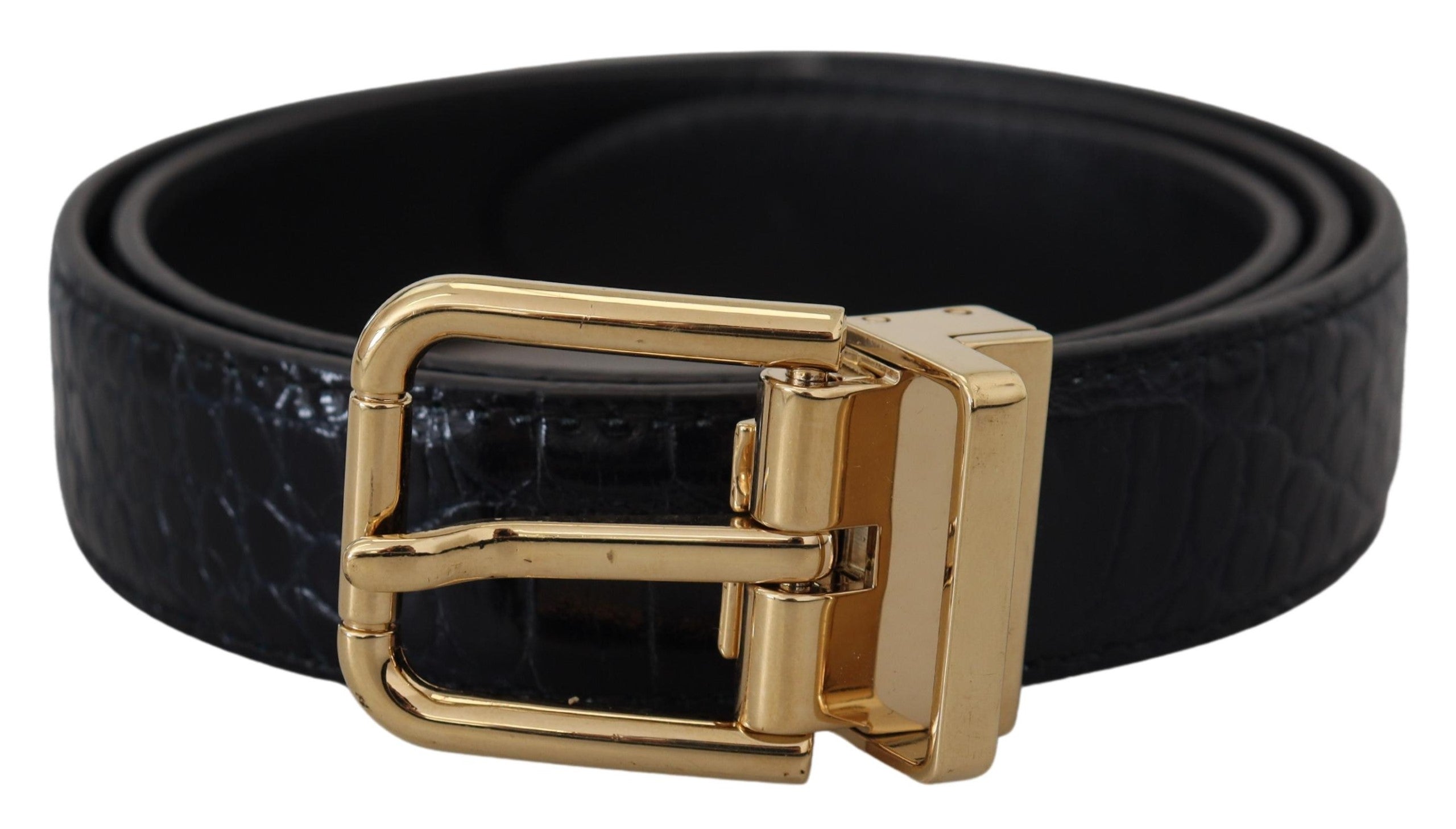 Black Exotic Leather Gold Metal Buckle Belt - ventzia