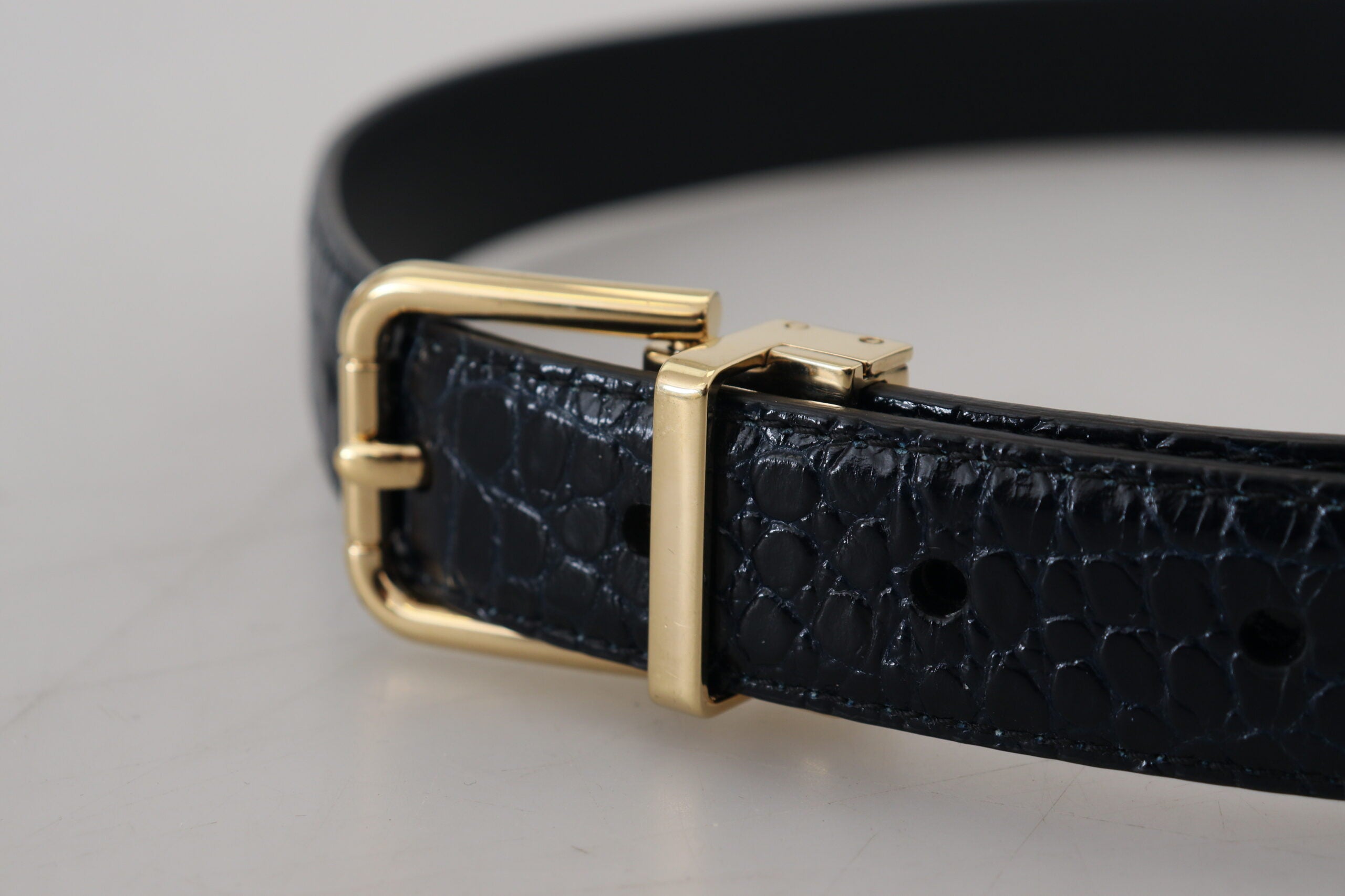 Black Exotic Leather Gold Metal Buckle Belt - ventzia