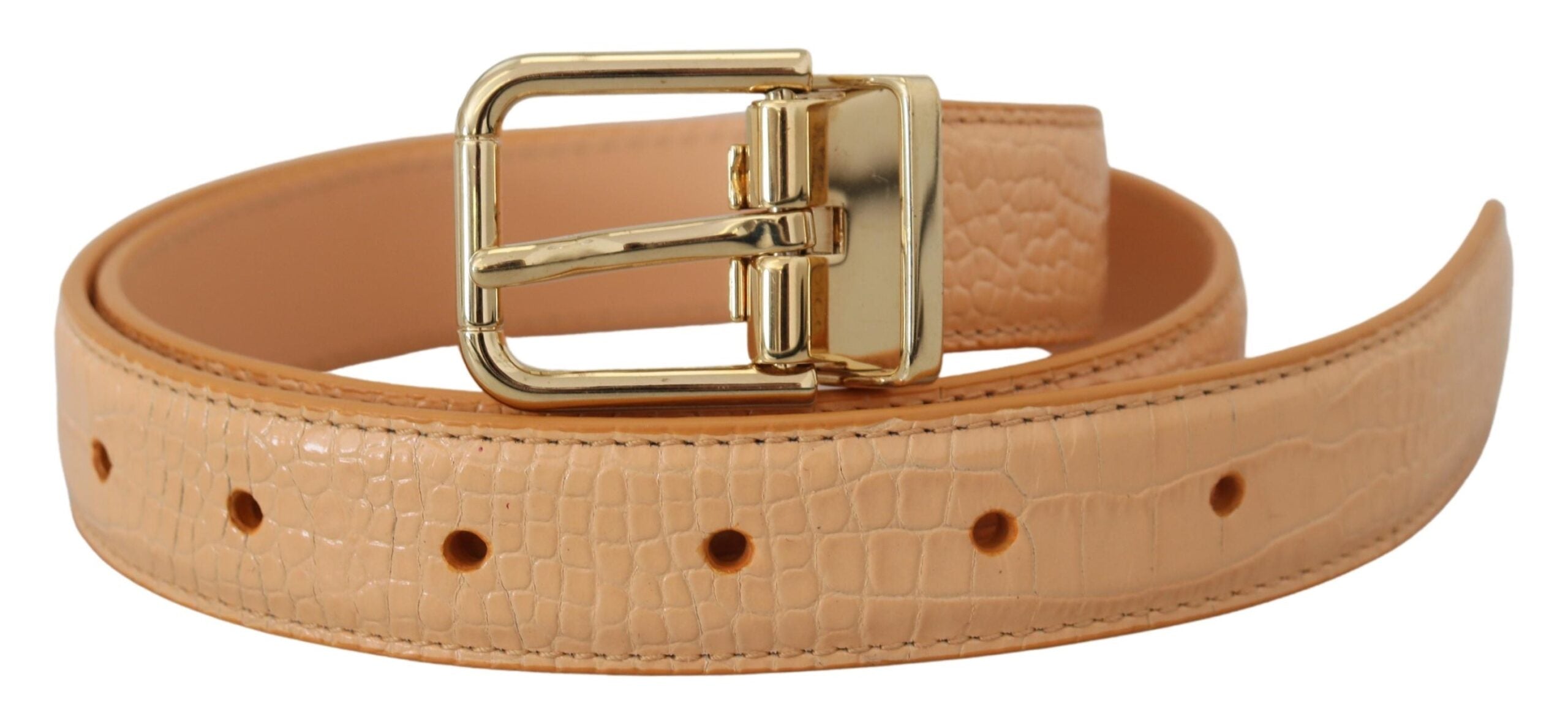 Beige Exotic Leather Gold Metal Buckle Belt - ventzia