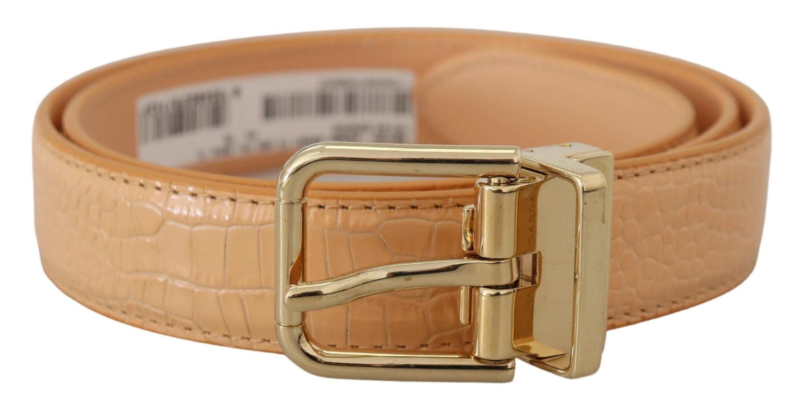 Beige Exotic Leather Gold Metal Buckle Belt - ventzia
