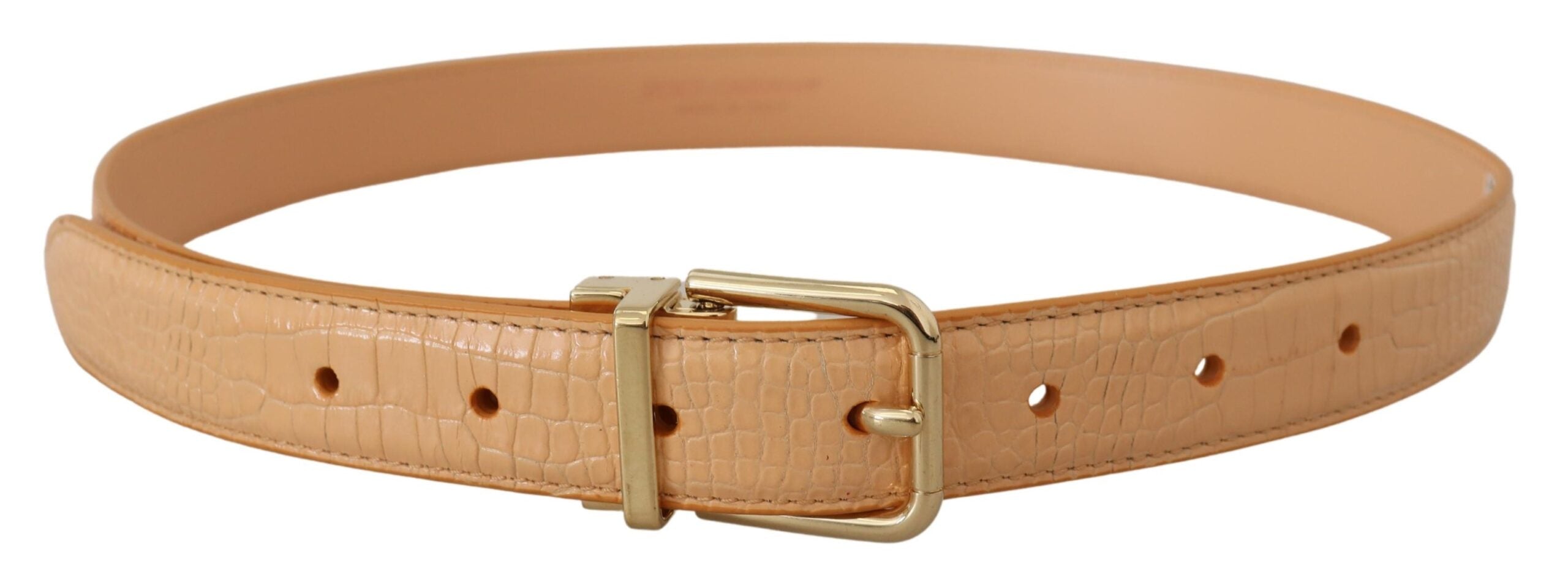 Beige Exotic Leather Gold Metal Buckle Belt - ventzia