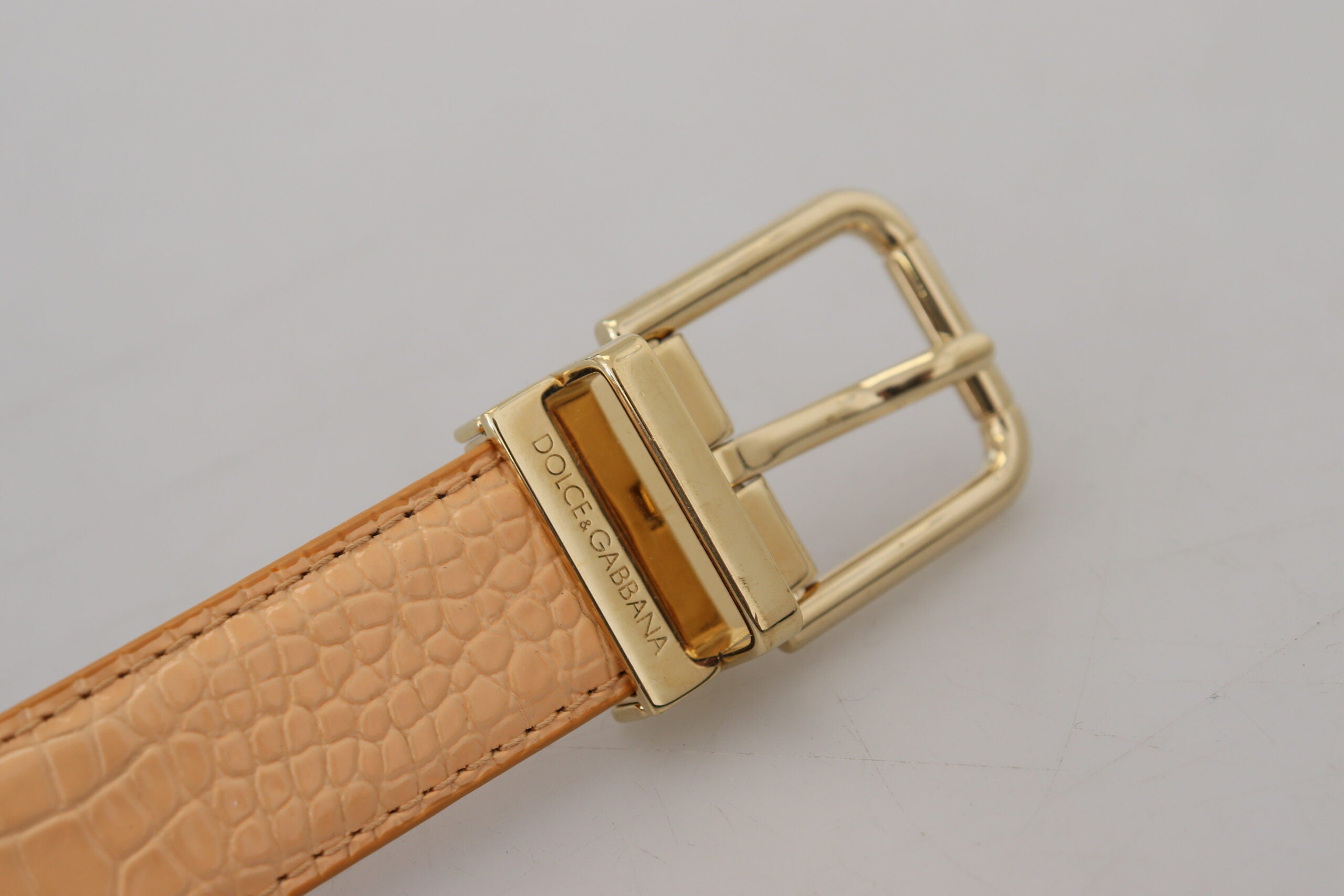 Beige Exotic Leather Gold Metal Buckle Belt - ventzia