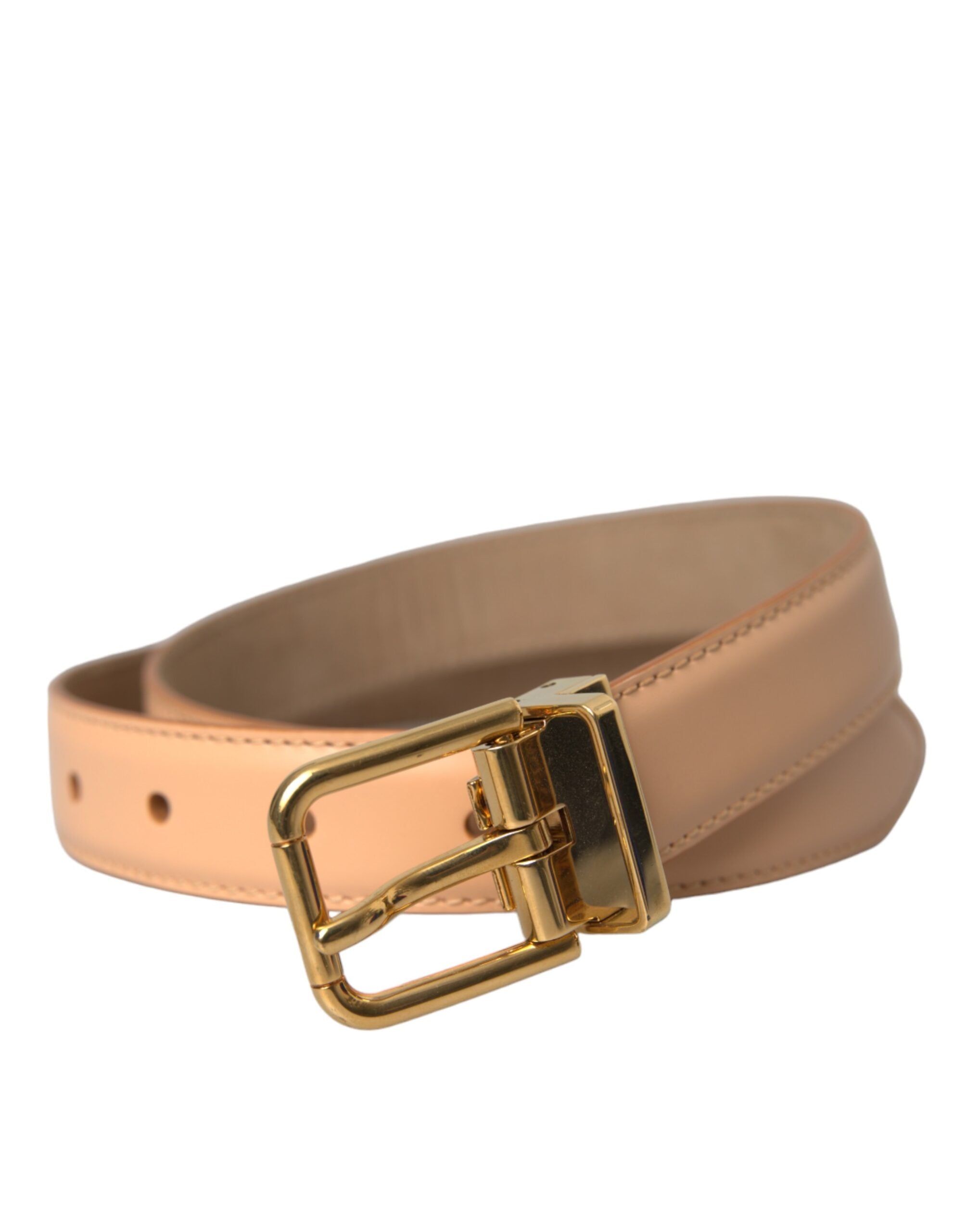 Beige Calfskin Leather Gold Metal Buckle Belt - ventzia