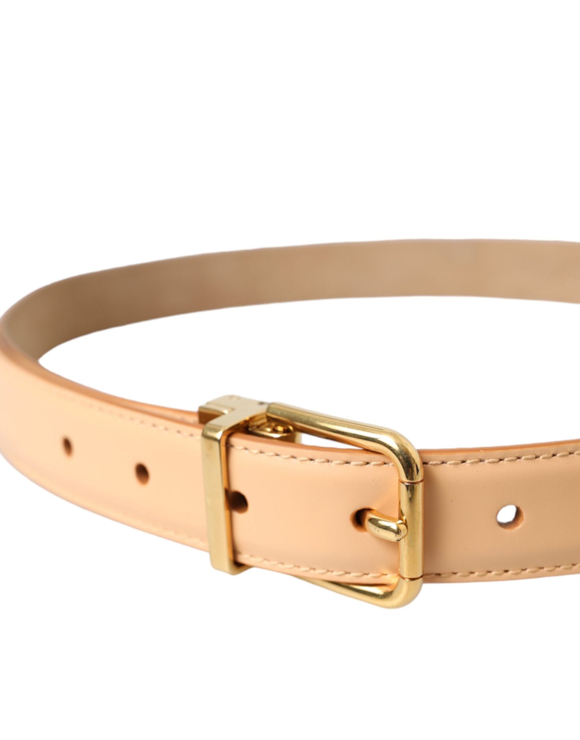 Beige Calfskin Leather Gold Metal Buckle Belt - ventzia