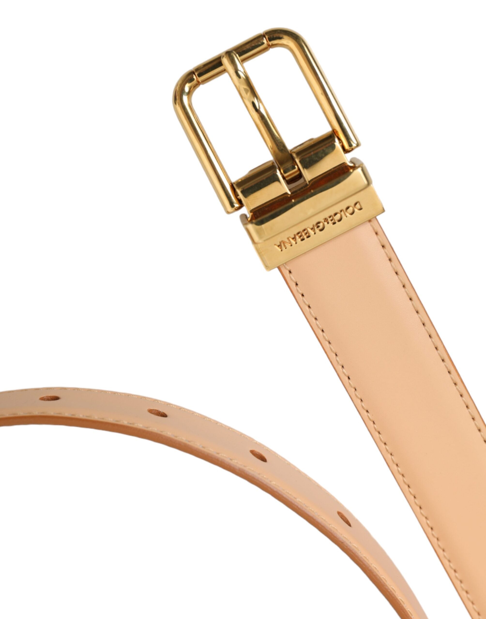 Beige Calfskin Leather Gold Metal Buckle Belt - ventzia