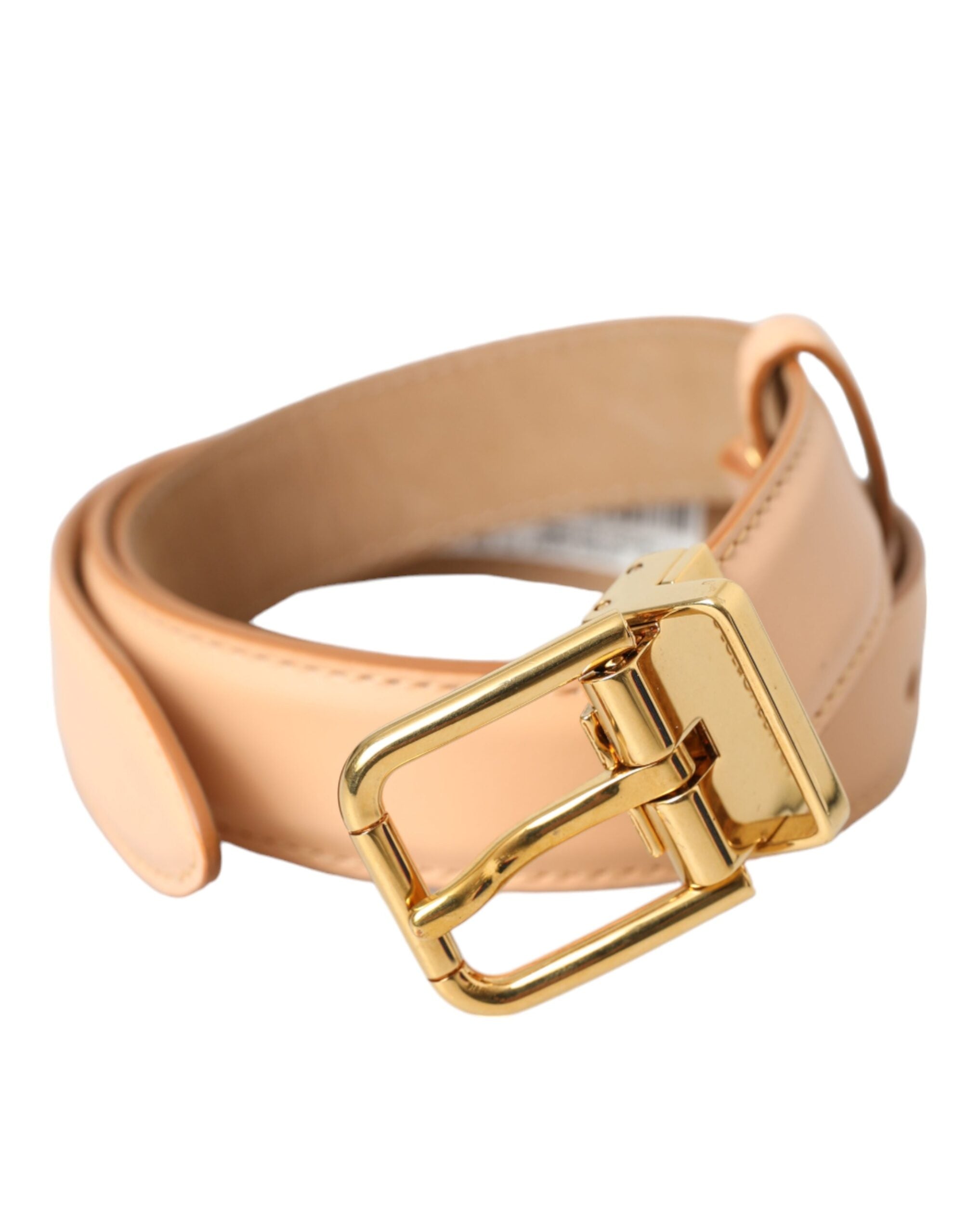 Beige Calfskin Leather Gold Metal Buckle Belt - ventzia