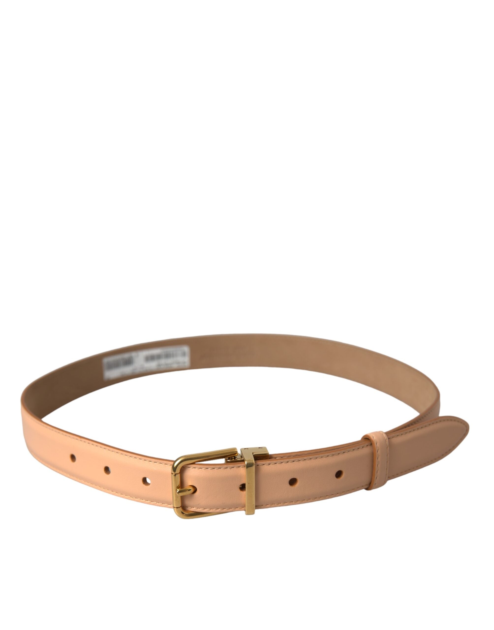Beige Calfskin Leather Gold Metal Buckle Belt - ventzia