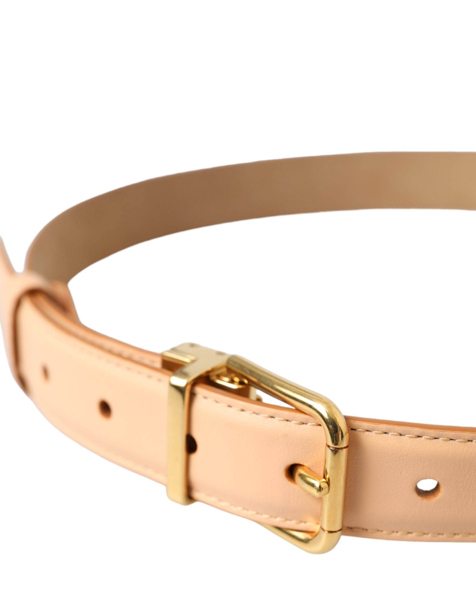 Beige Calfskin Leather Gold Metal Buckle Belt - ventzia
