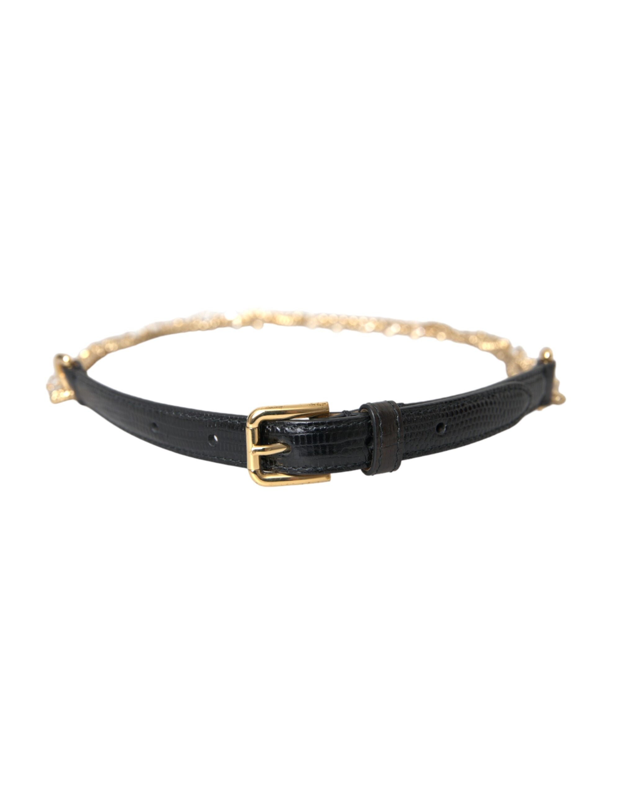 Black Leather Gold Chain Crystal Waist Women Belt - ventzia