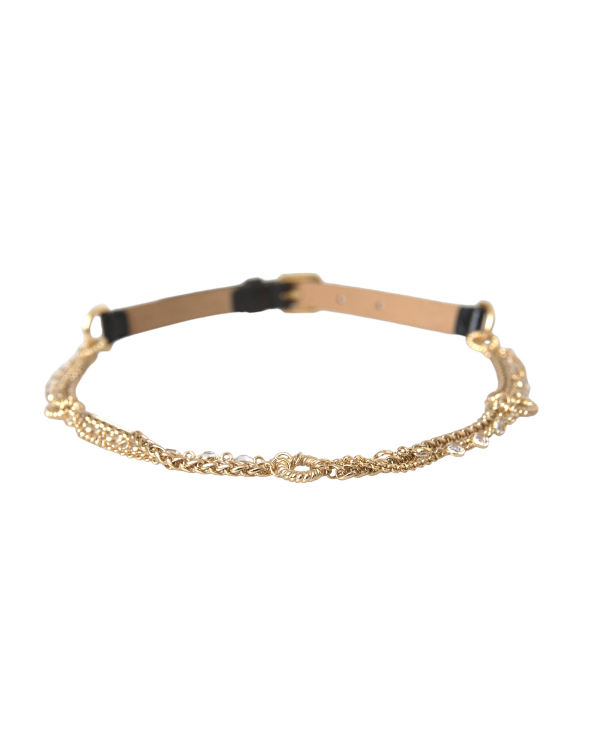 Black Leather Gold Chain Crystal Waist Women Belt - ventzia