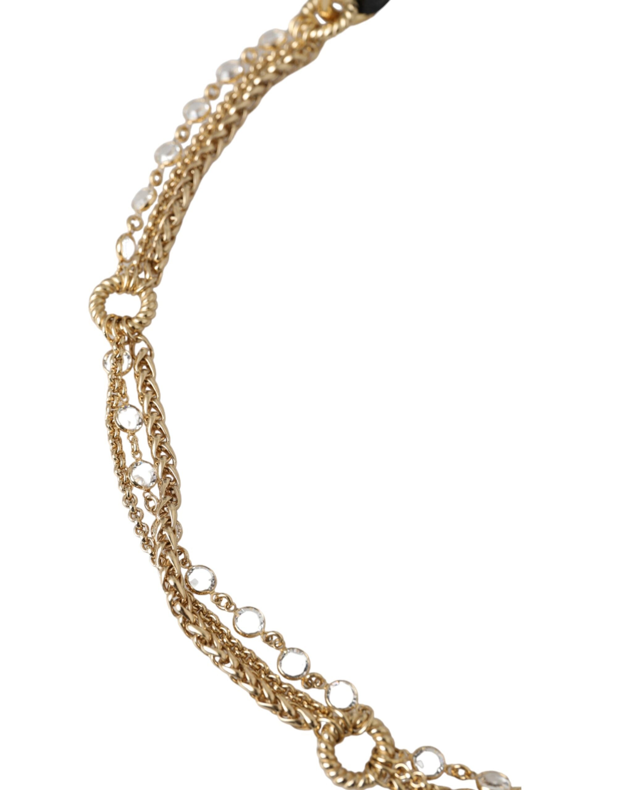 Black Leather Gold Chain Crystal Waist Women Belt - ventzia