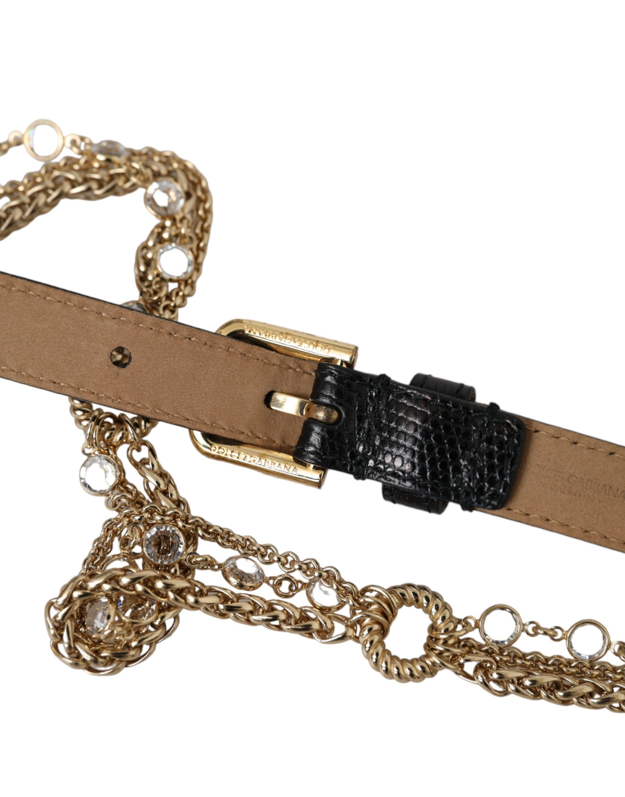 Black Leather Gold Chain Crystal Waist Women Belt - ventzia