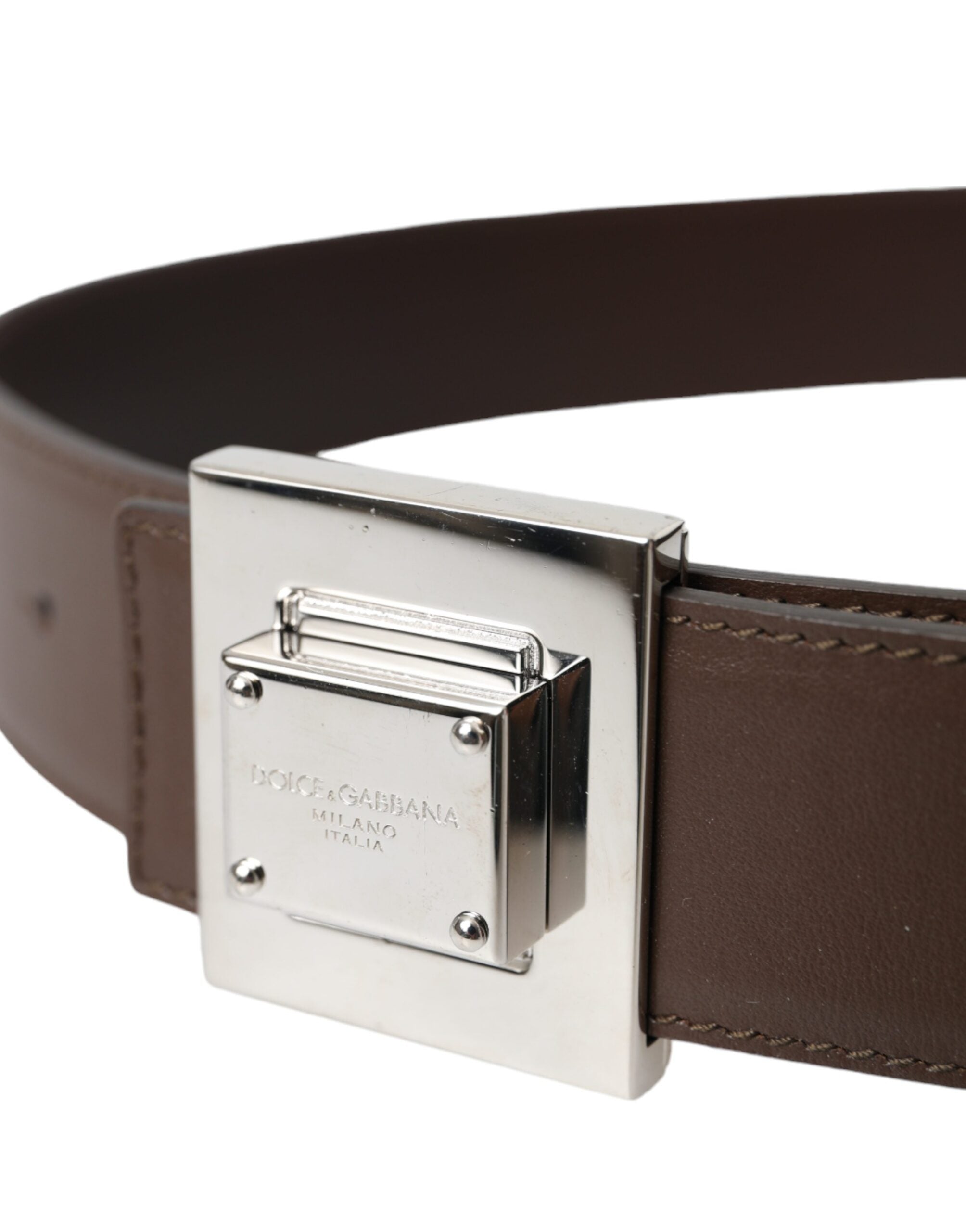 Brown Calf Leather Square Metal Buckle Belt - ventzia