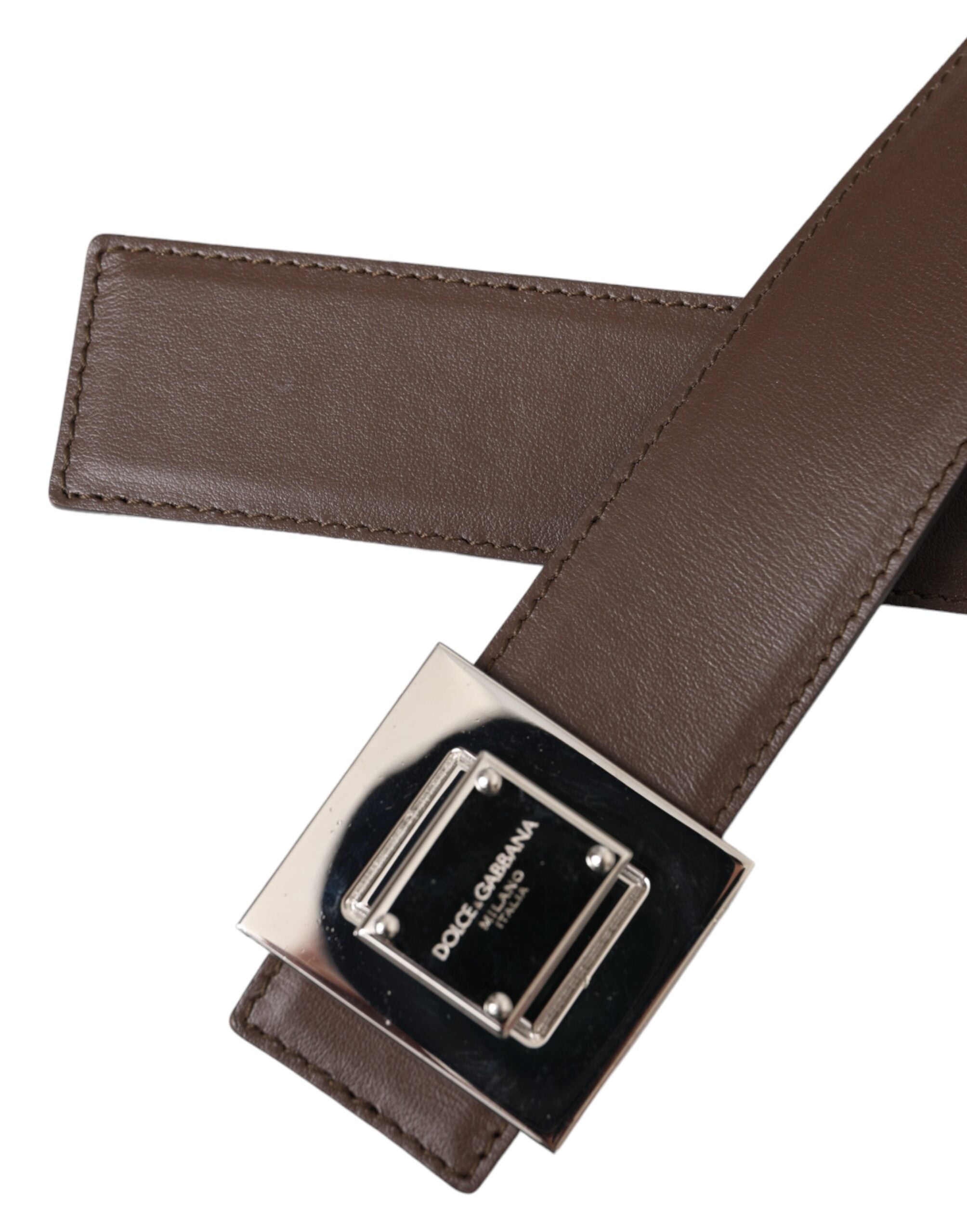 Brown Calf Leather Square Metal Buckle Belt - ventzia