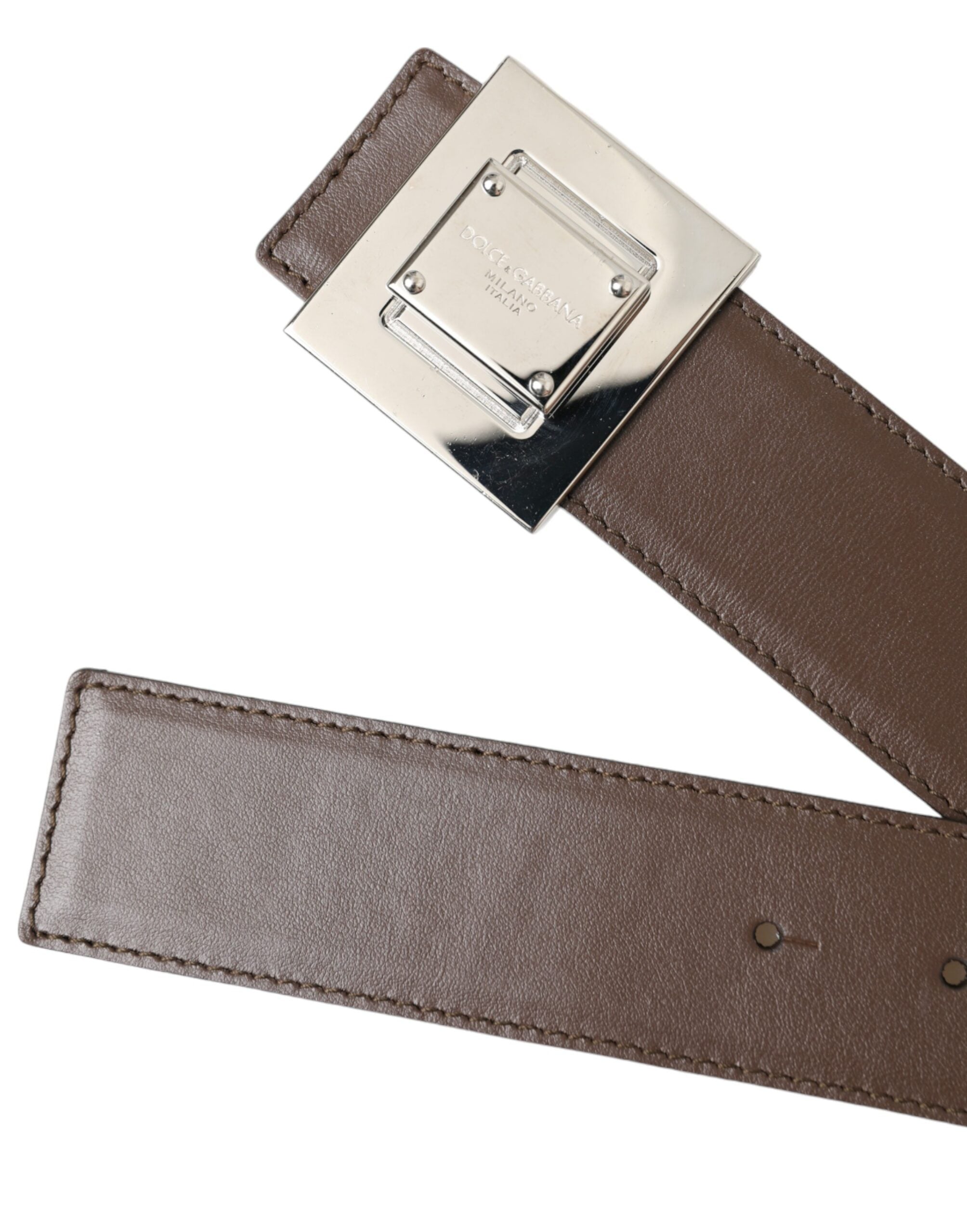 Brown Calf Leather Square Metal Buckle Belt - ventzia