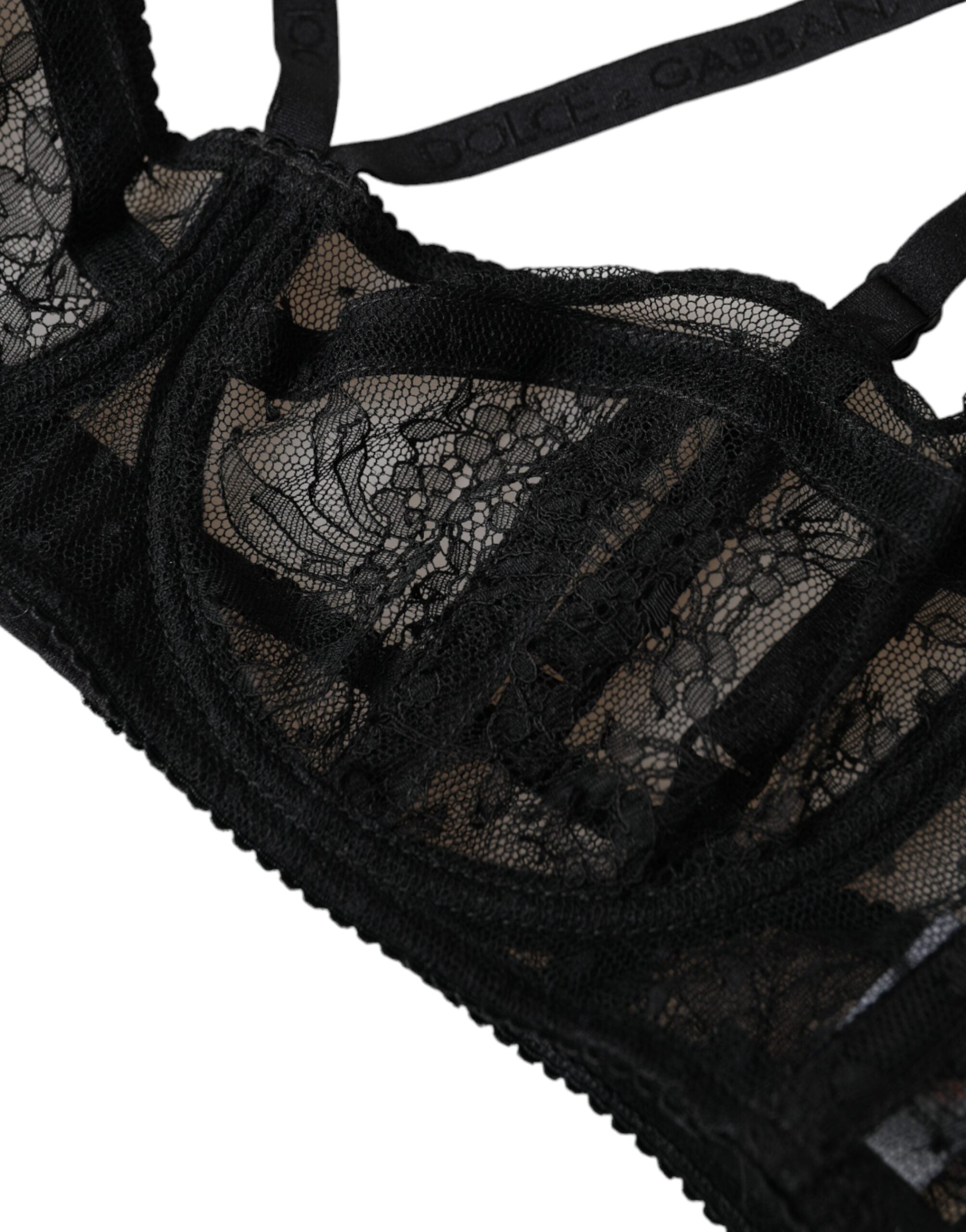 Black Floral Lace Nylon Balconcino Bra Underwear - ventzia