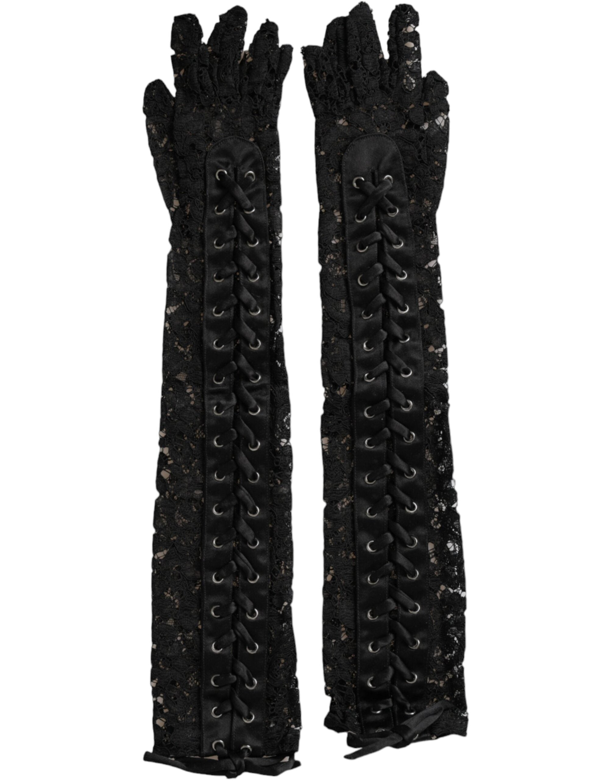 Black Taormina Lace Elbow Length Gloves - ventzia