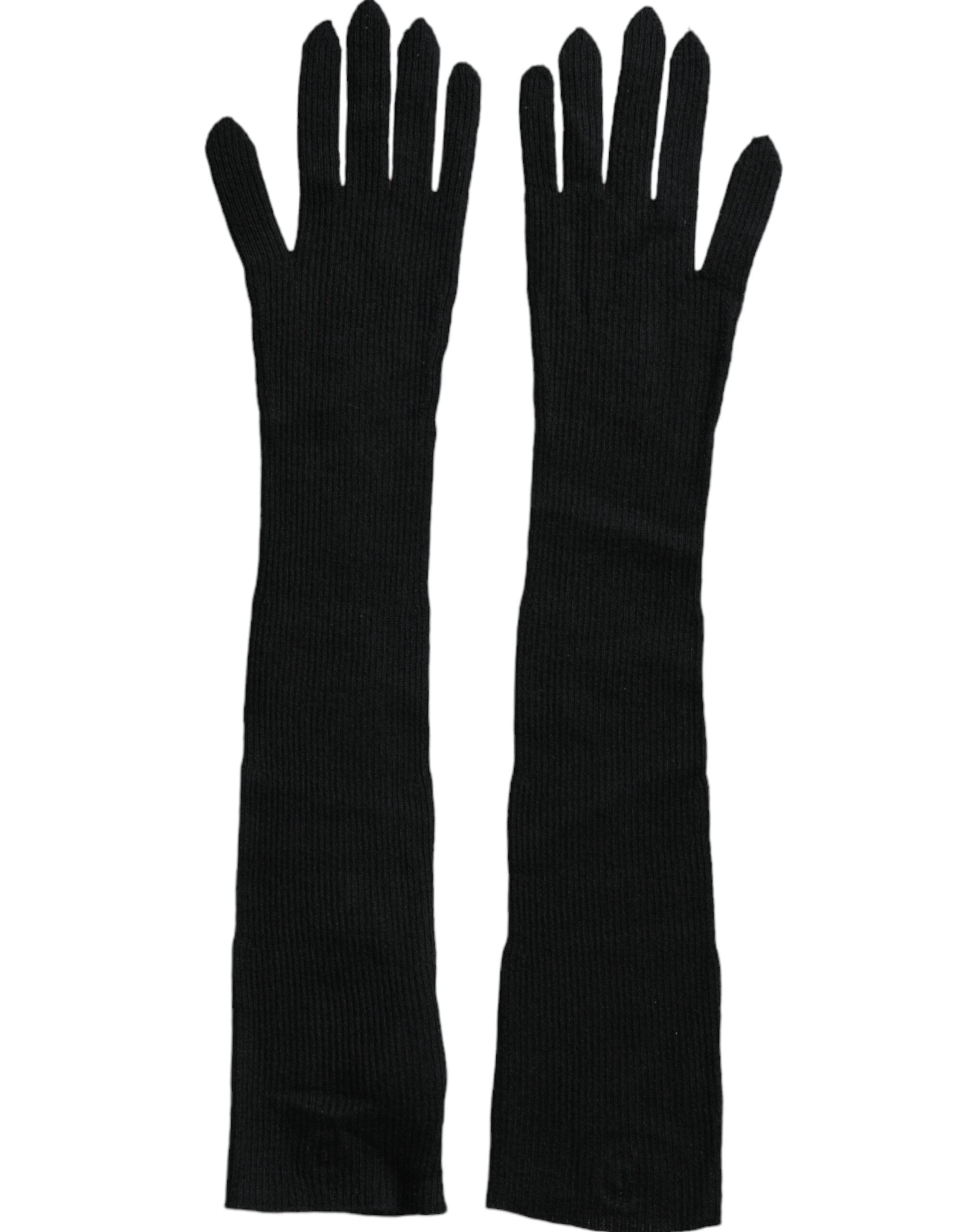 Black Cashmere Knitted Elbow Length Gloves - ventzia