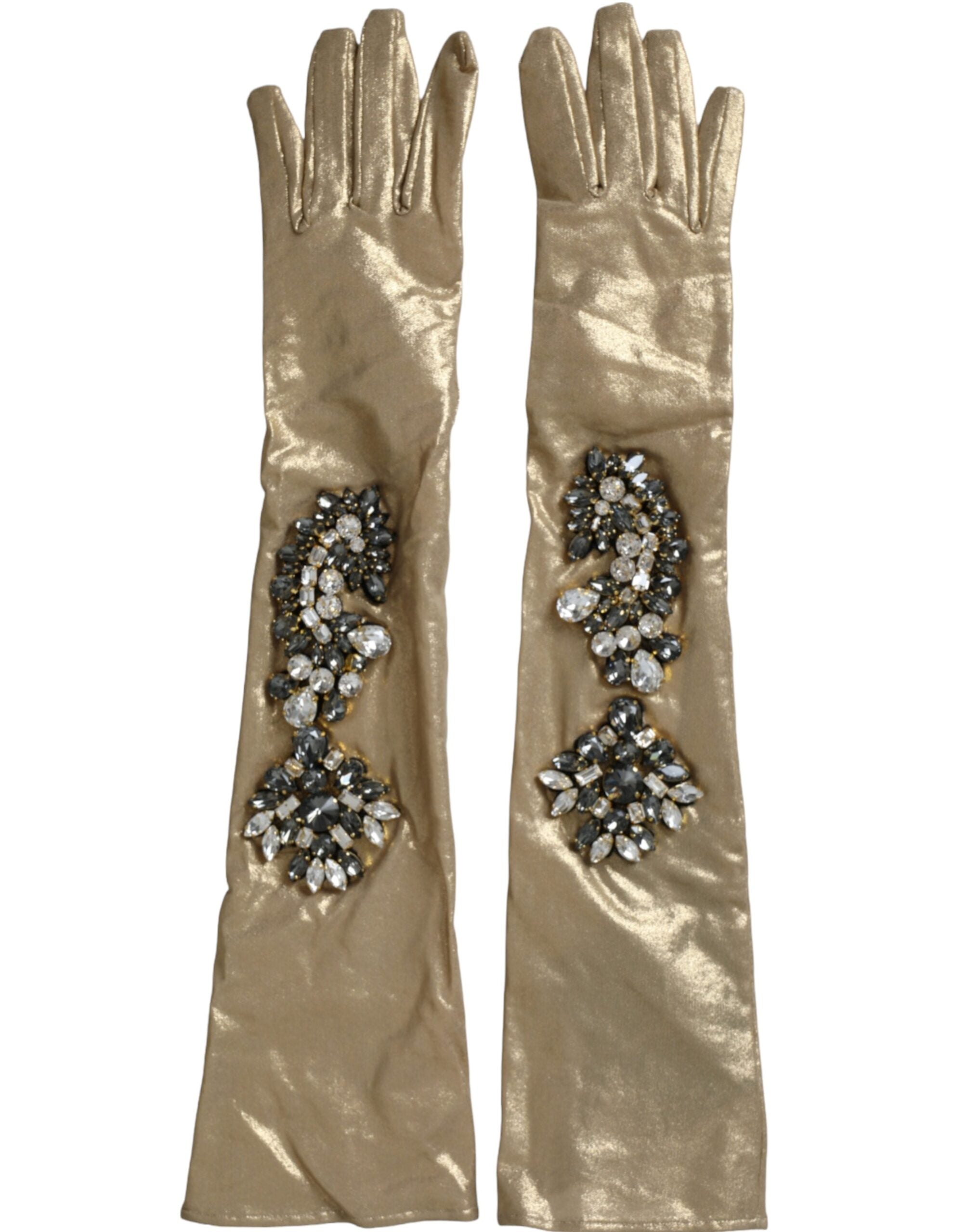 Beige Satin Crystal Elbow Length Gloves - ventzia