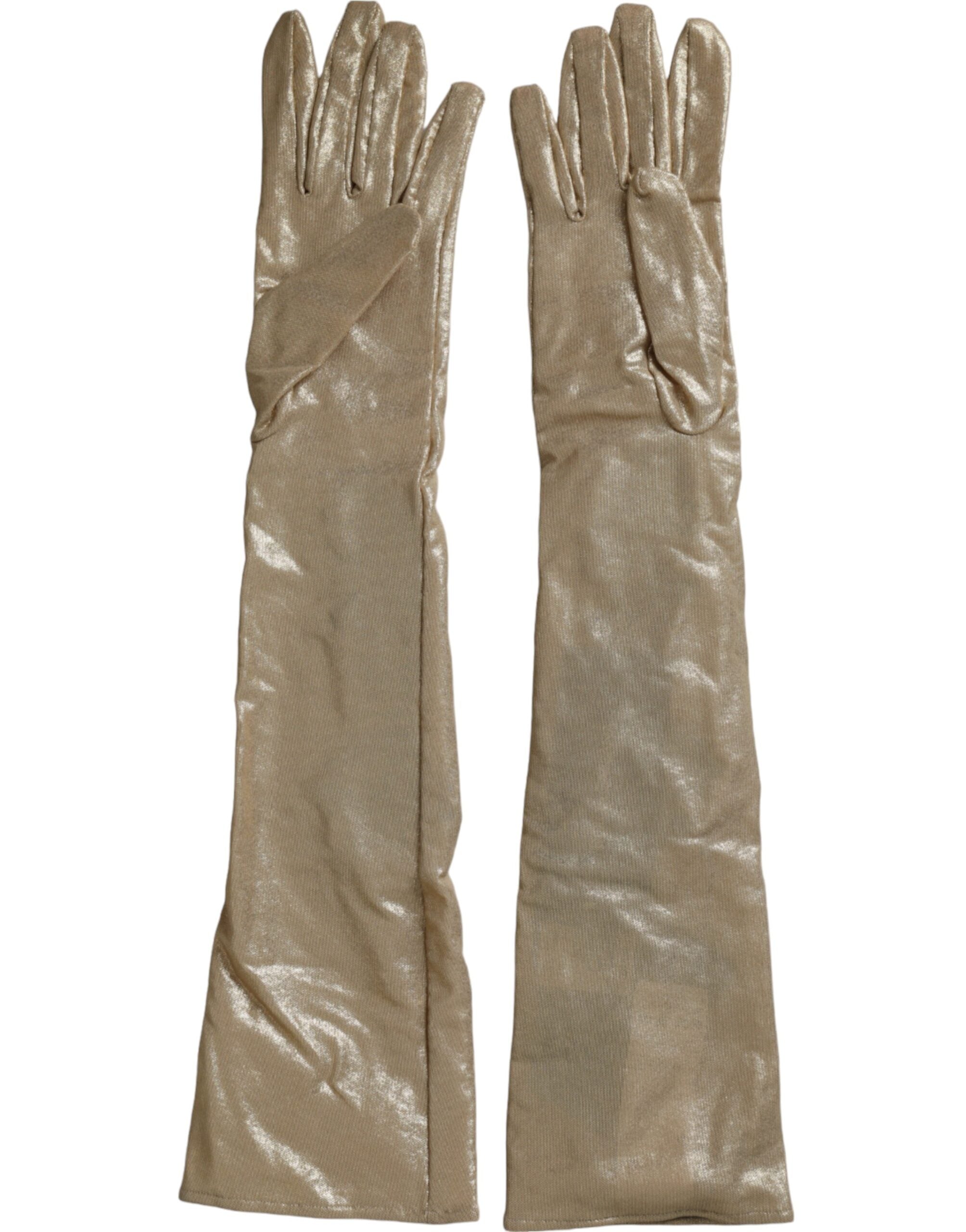 Beige Satin Crystal Elbow Length Gloves - ventzia