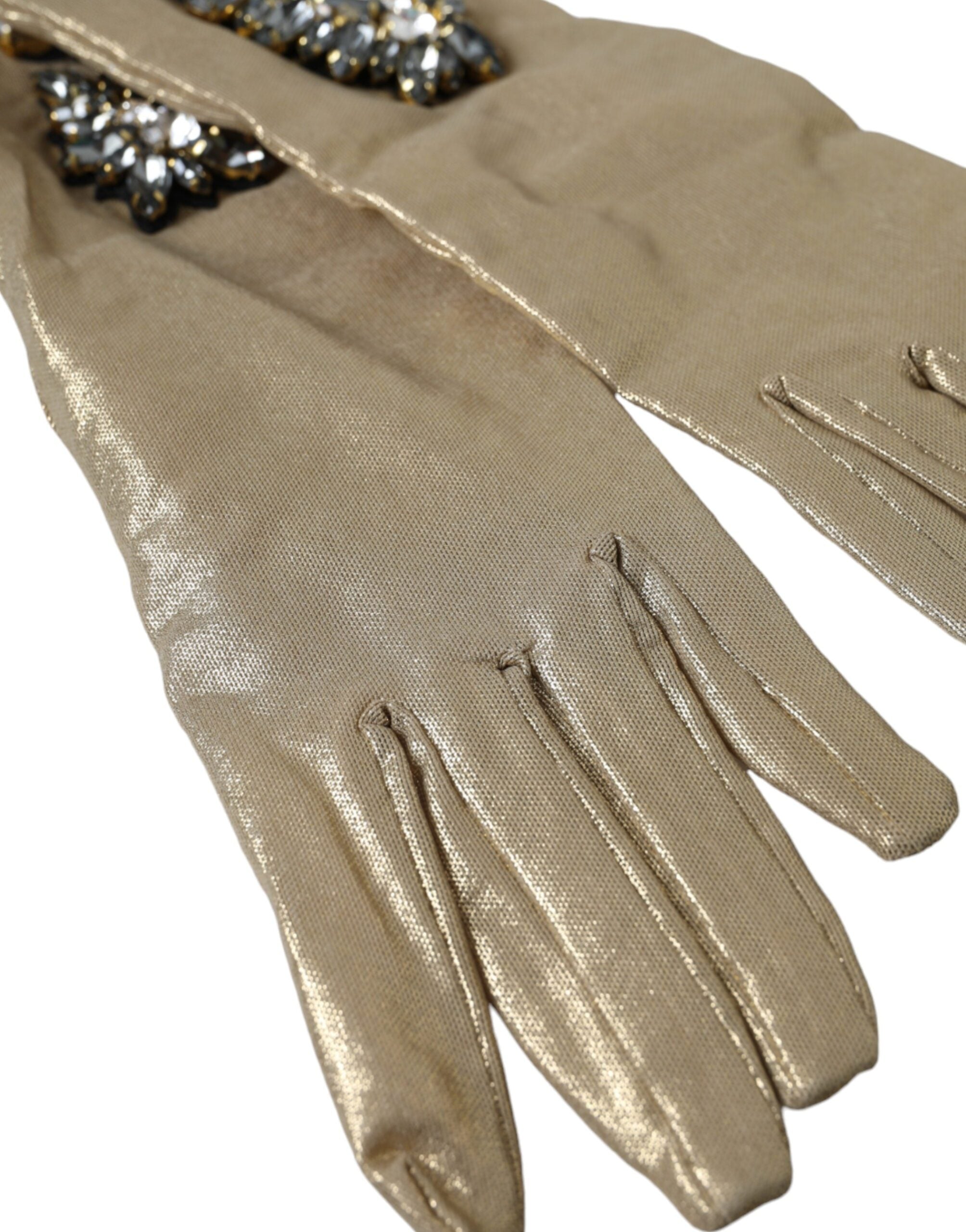 Beige Satin Crystal Elbow Length Gloves - ventzia