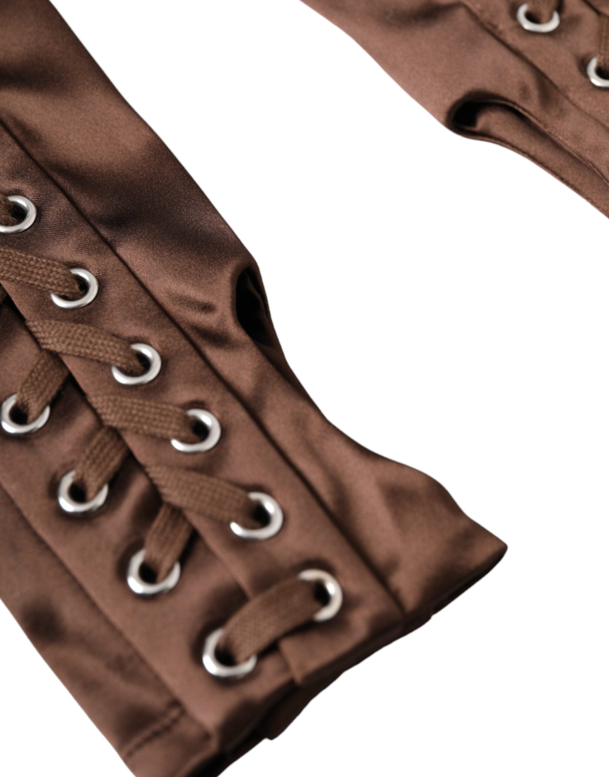 Brown Acetate Lace Up Fingerless Gloves - ventzia
