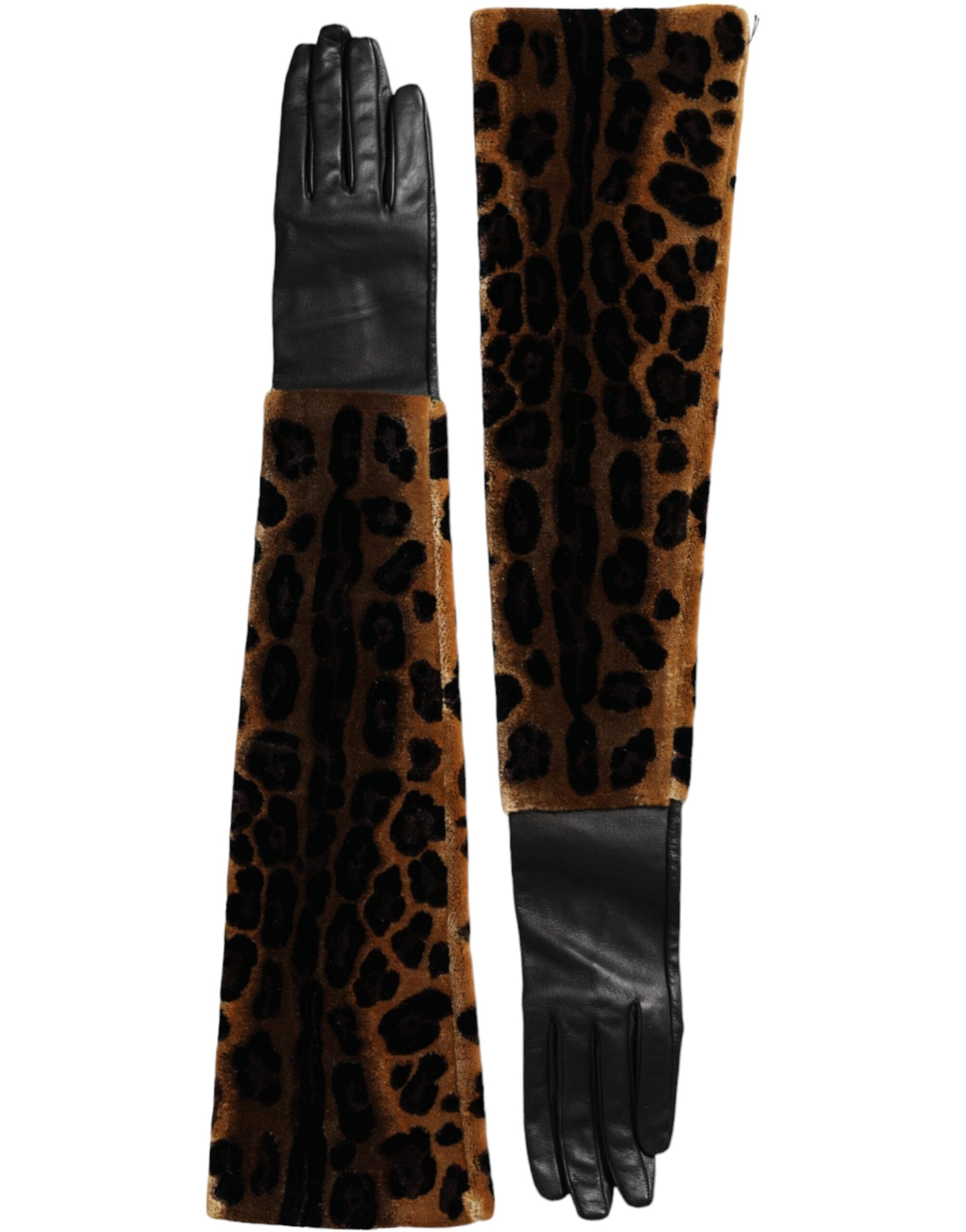 Brown Black Leopard Leather Elbow Length Gloves - ventzia