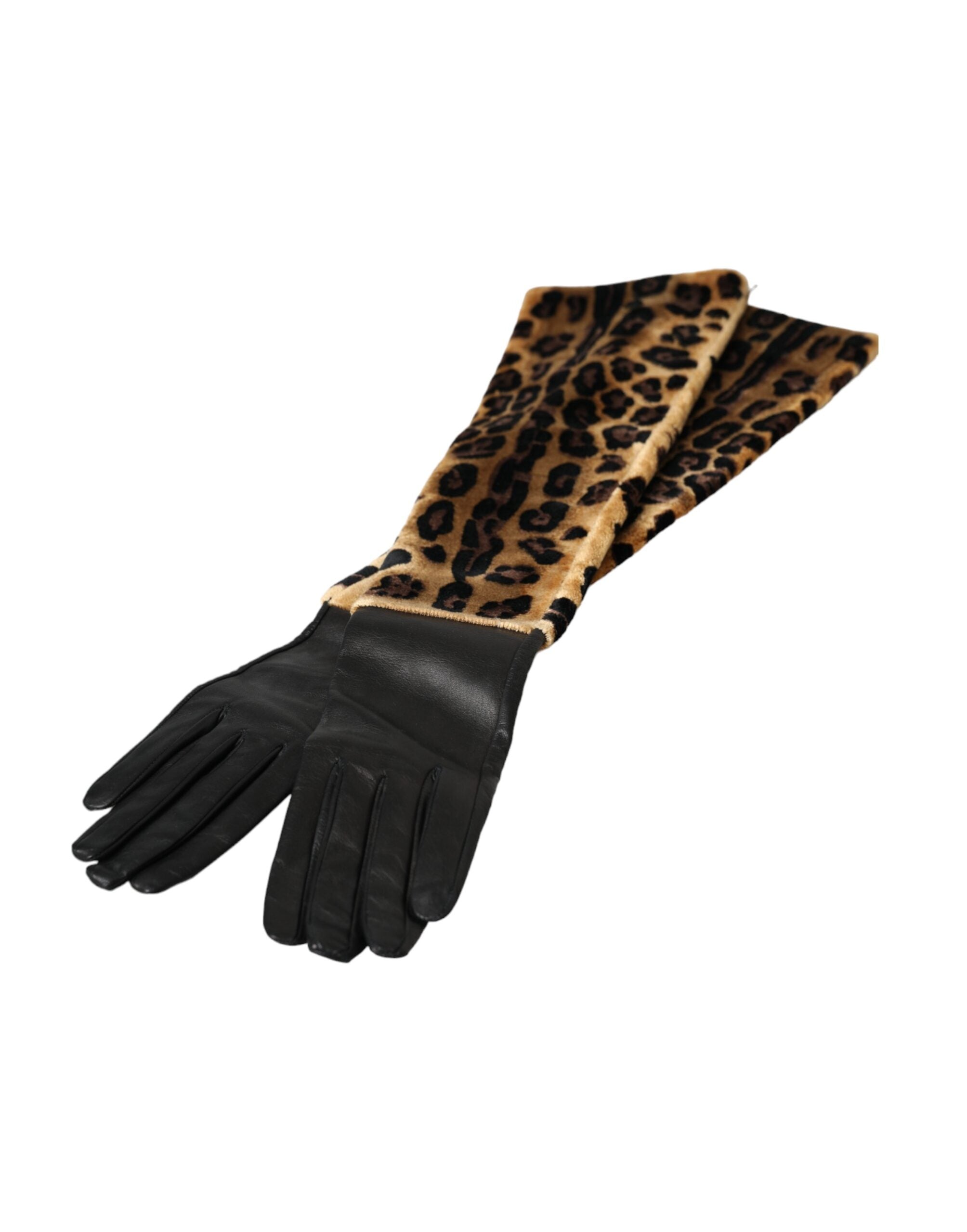 Brown Black Leopard Leather Elbow Length Gloves - ventzia