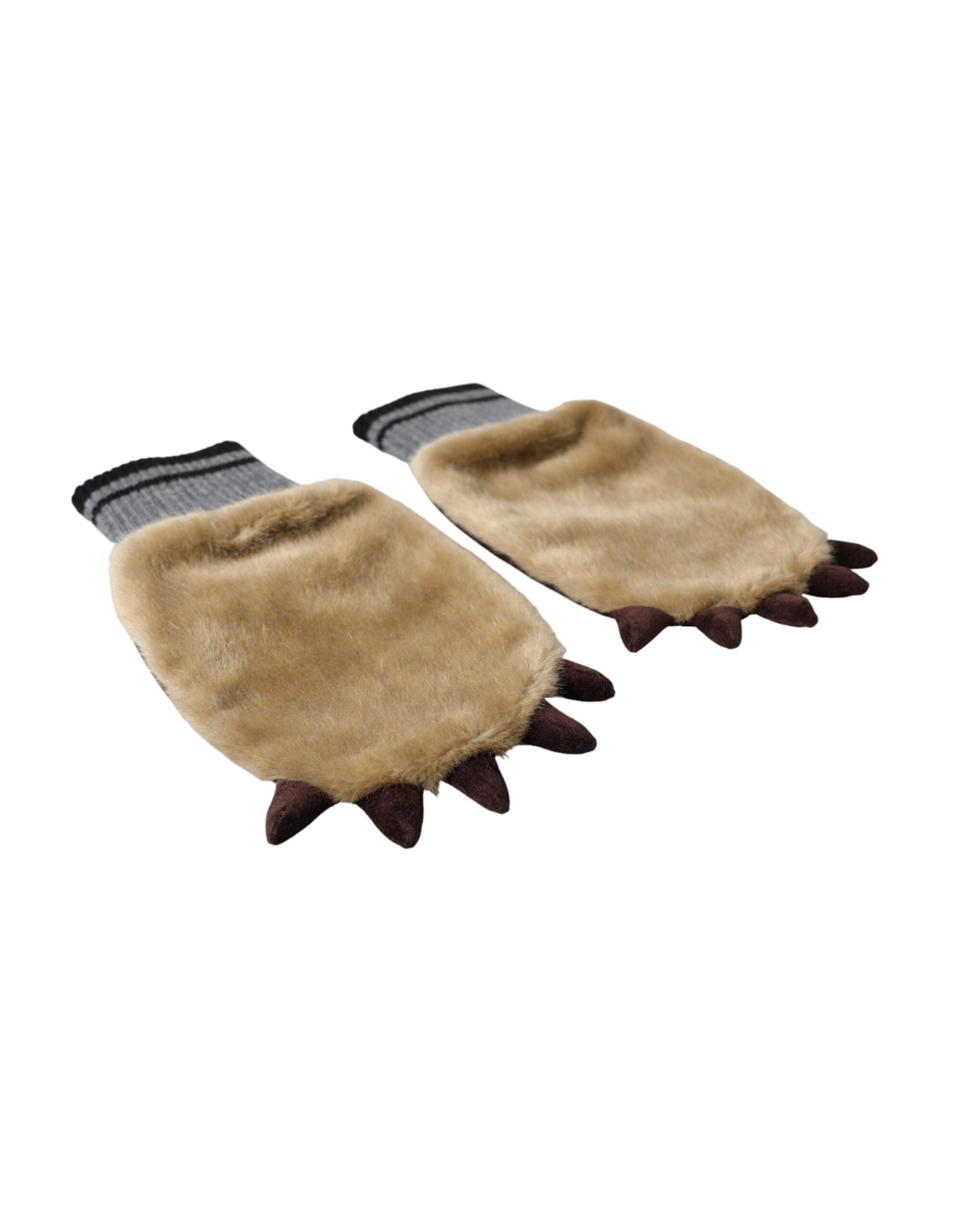Beige Acrylic Knitted Fur Wrist Mitten Gloves - ventzia