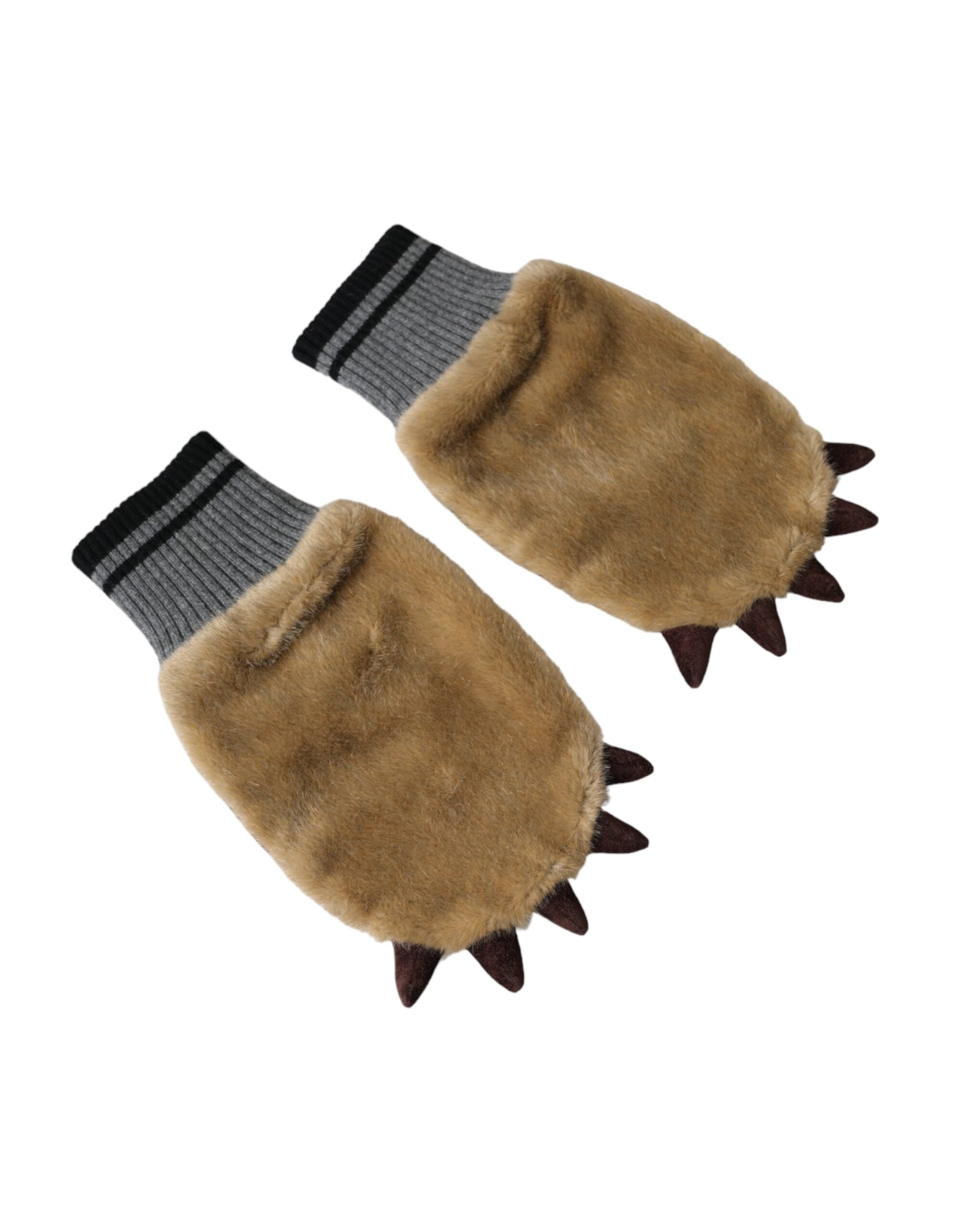 Beige Acrylic Knitted Fur Wrist Mitten Gloves - ventzia