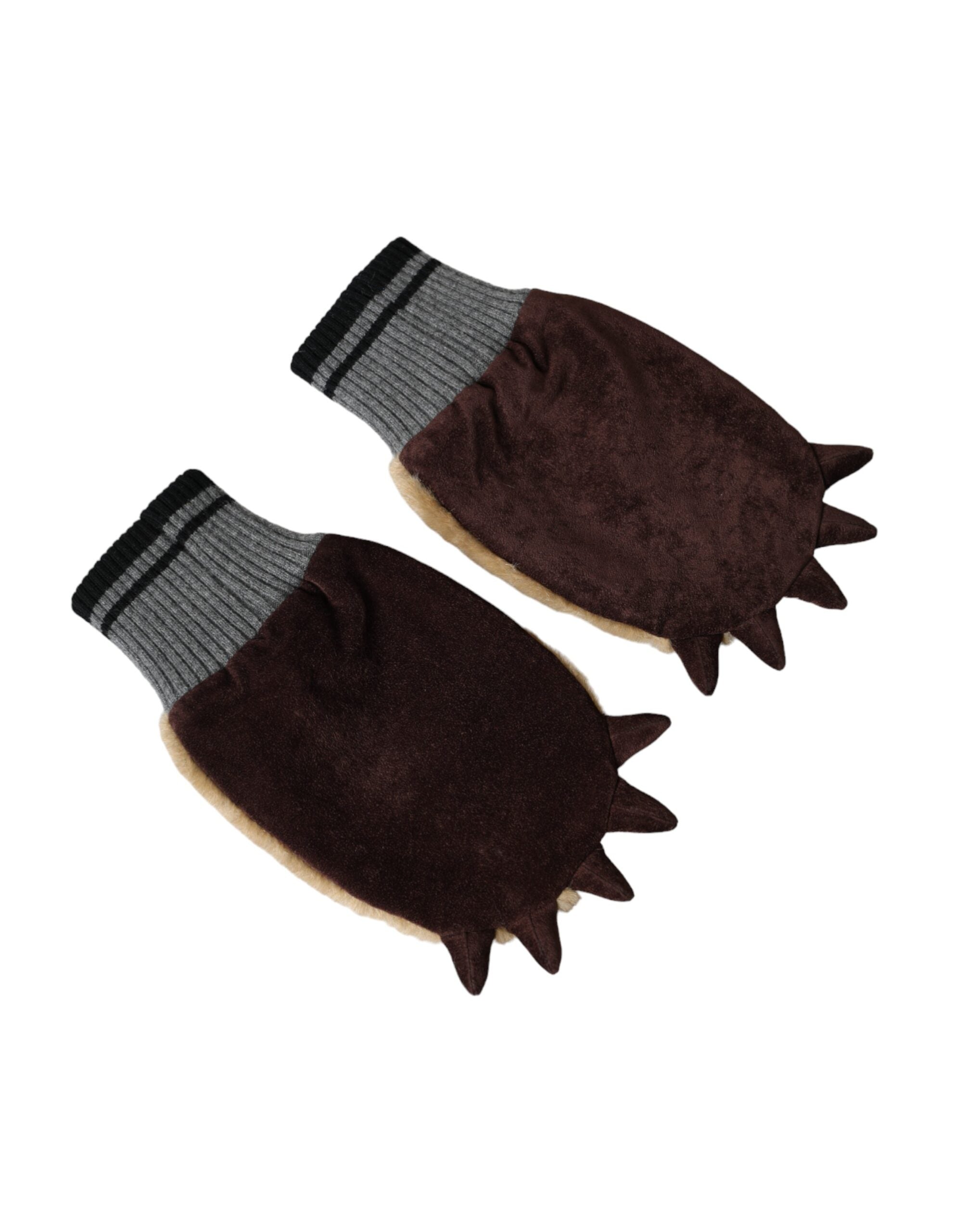 Beige Acrylic Knitted Fur Wrist Mitten Gloves - ventzia