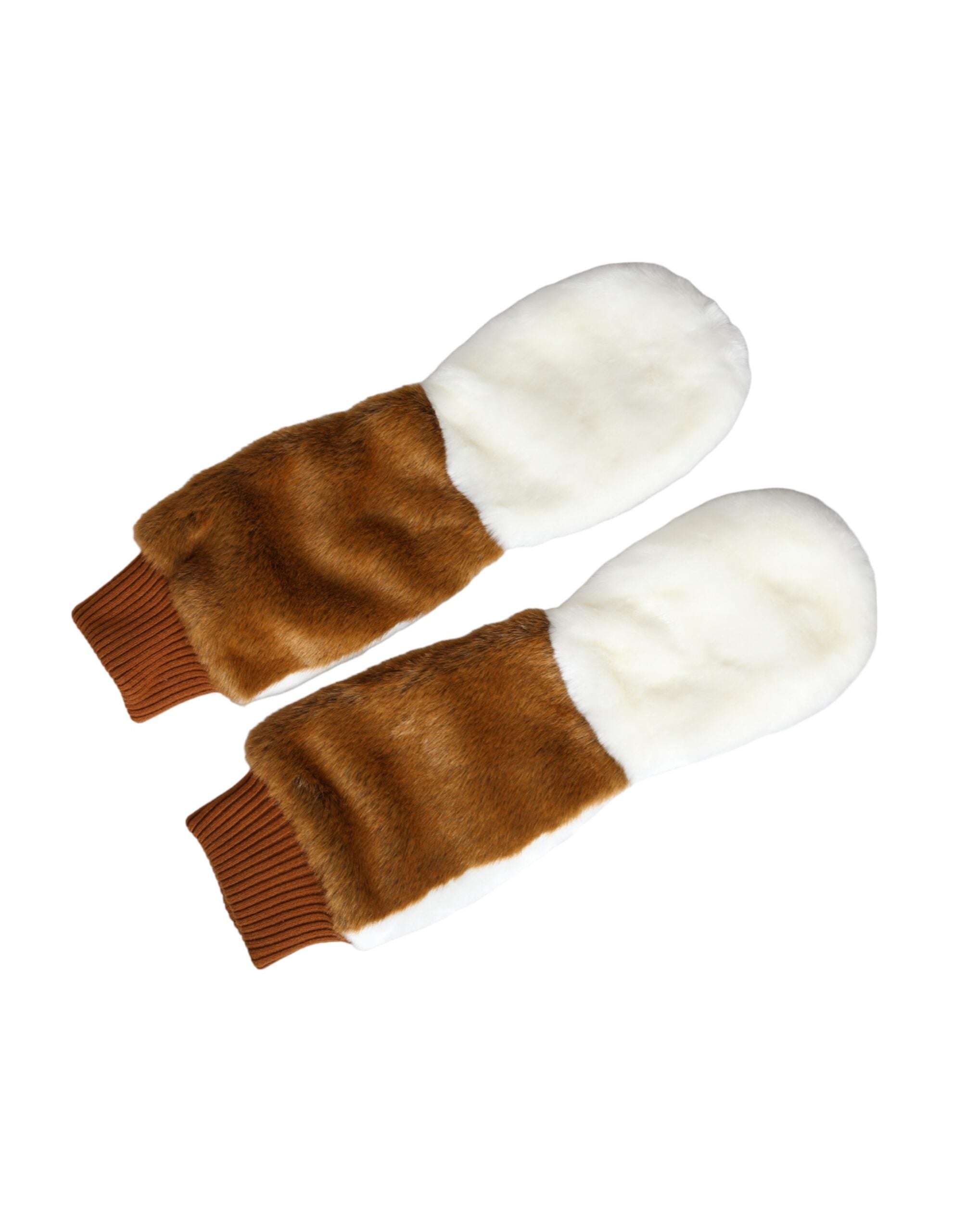 Brown White Acrylic Knitted Fur Mitten Gloves - ventzia
