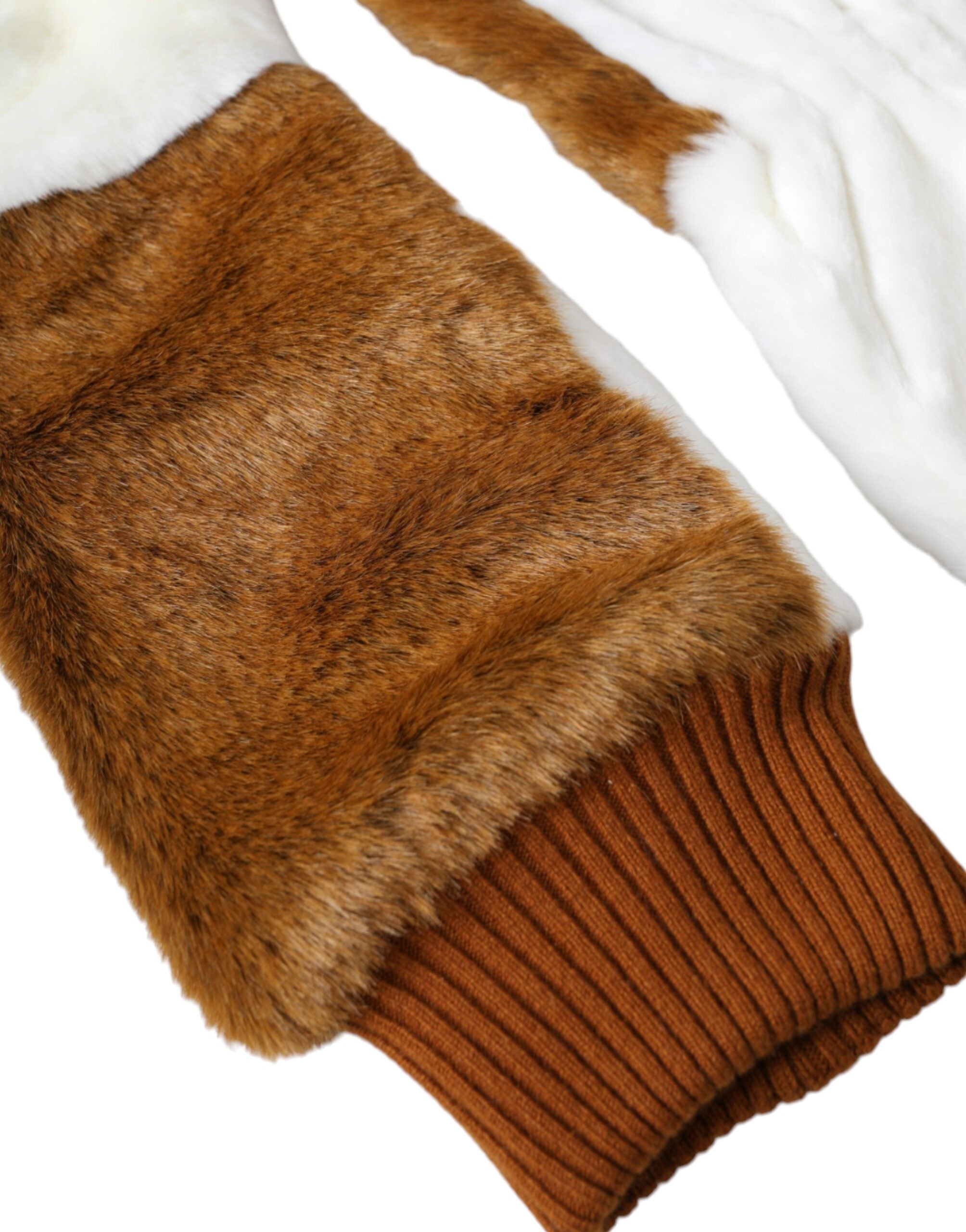 Brown White Acrylic Knitted Fur Mitten Gloves - ventzia