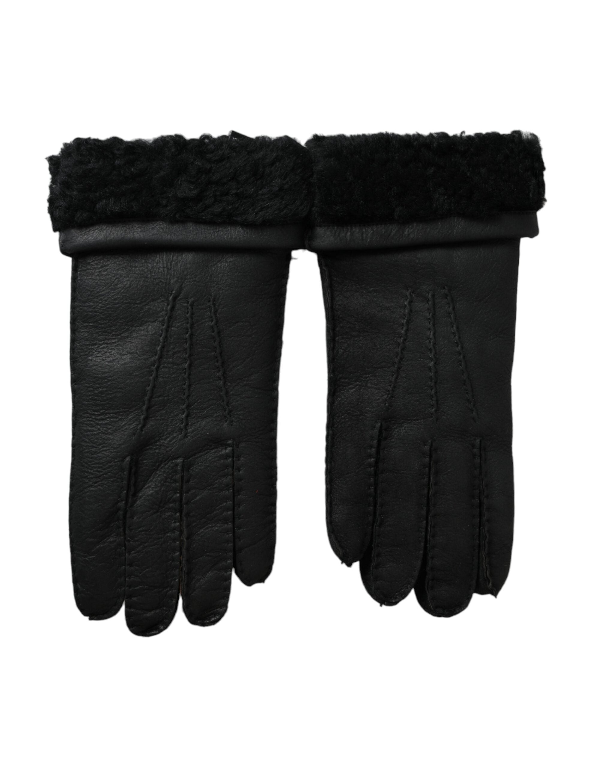 Black Leather Fur Short Hands Gloves - ventzia