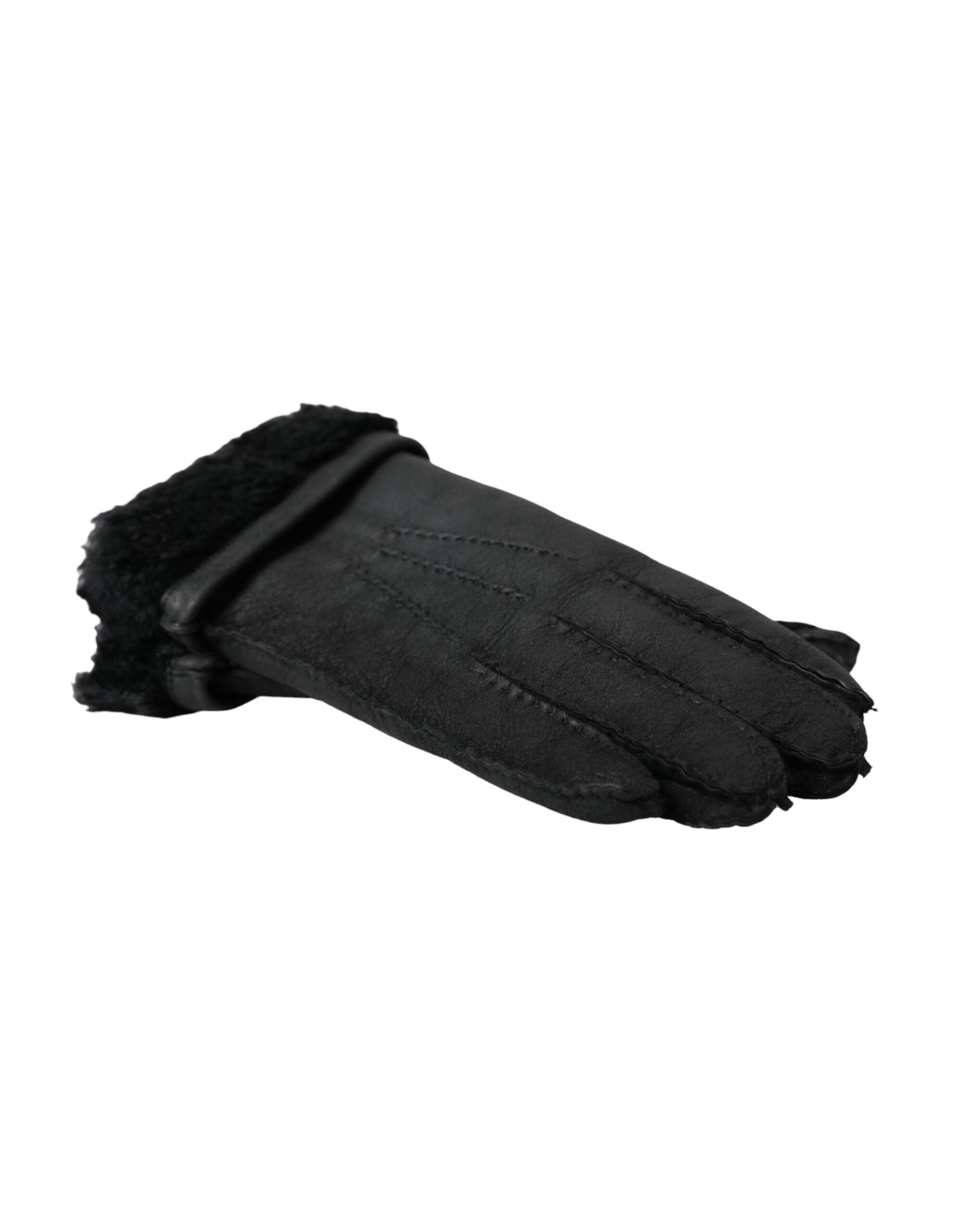 Black Leather Fur Short Hands Gloves - ventzia