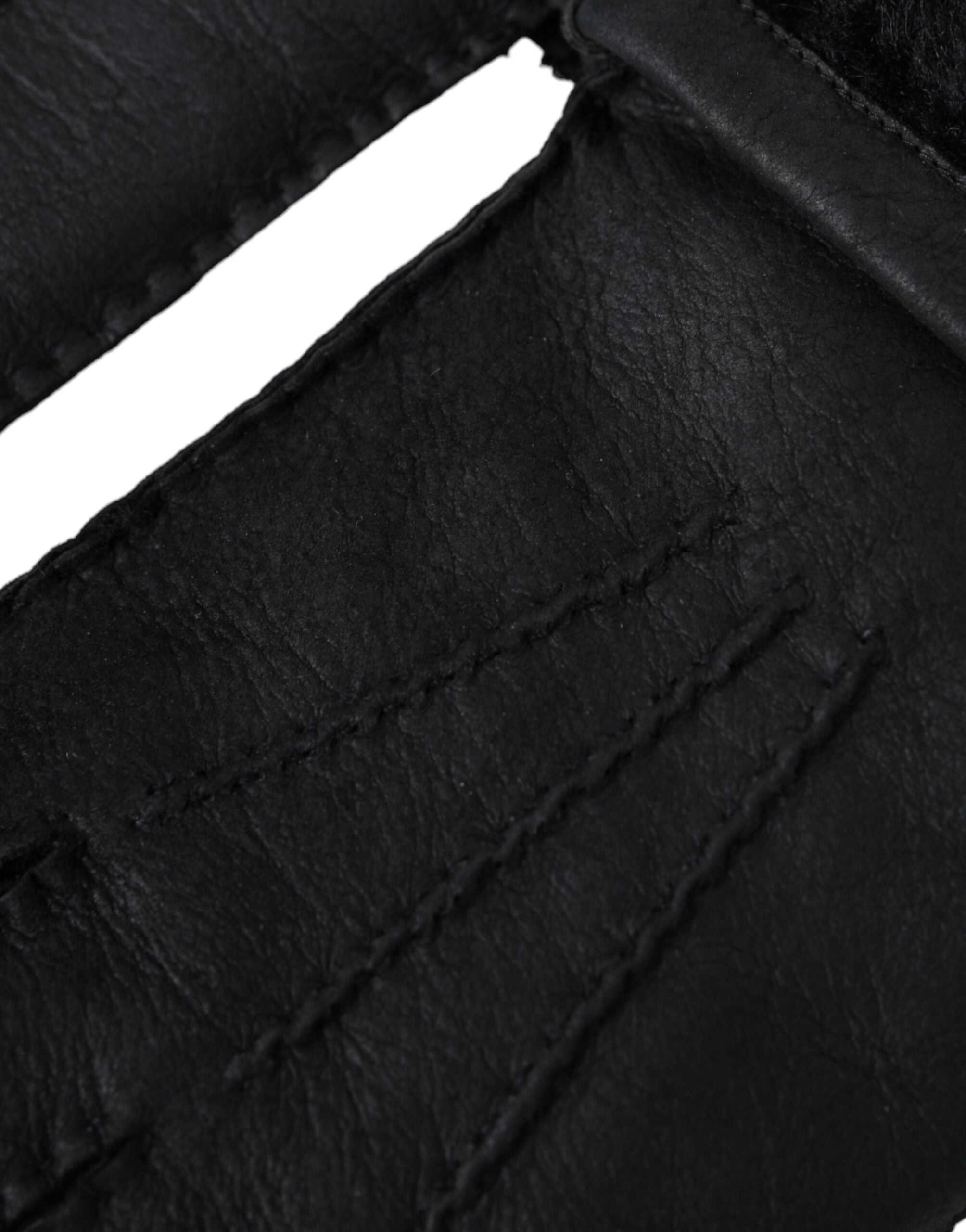 Black Leather Fur Short Hands Gloves - ventzia