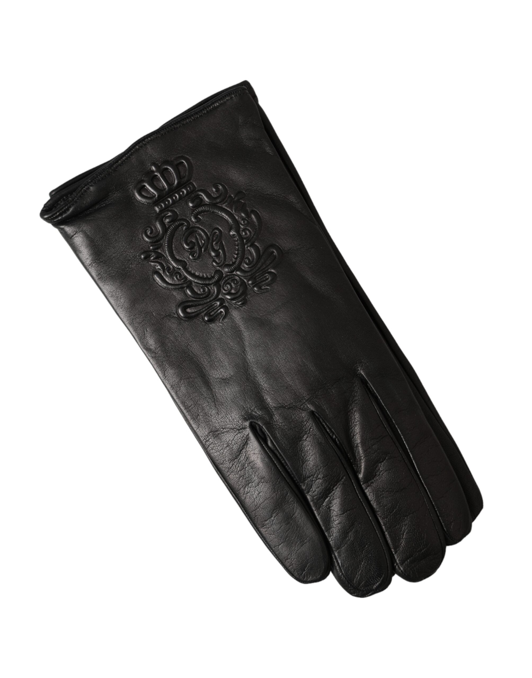 Black Leather Embossed Logo Short Hands Gloves - ventzia