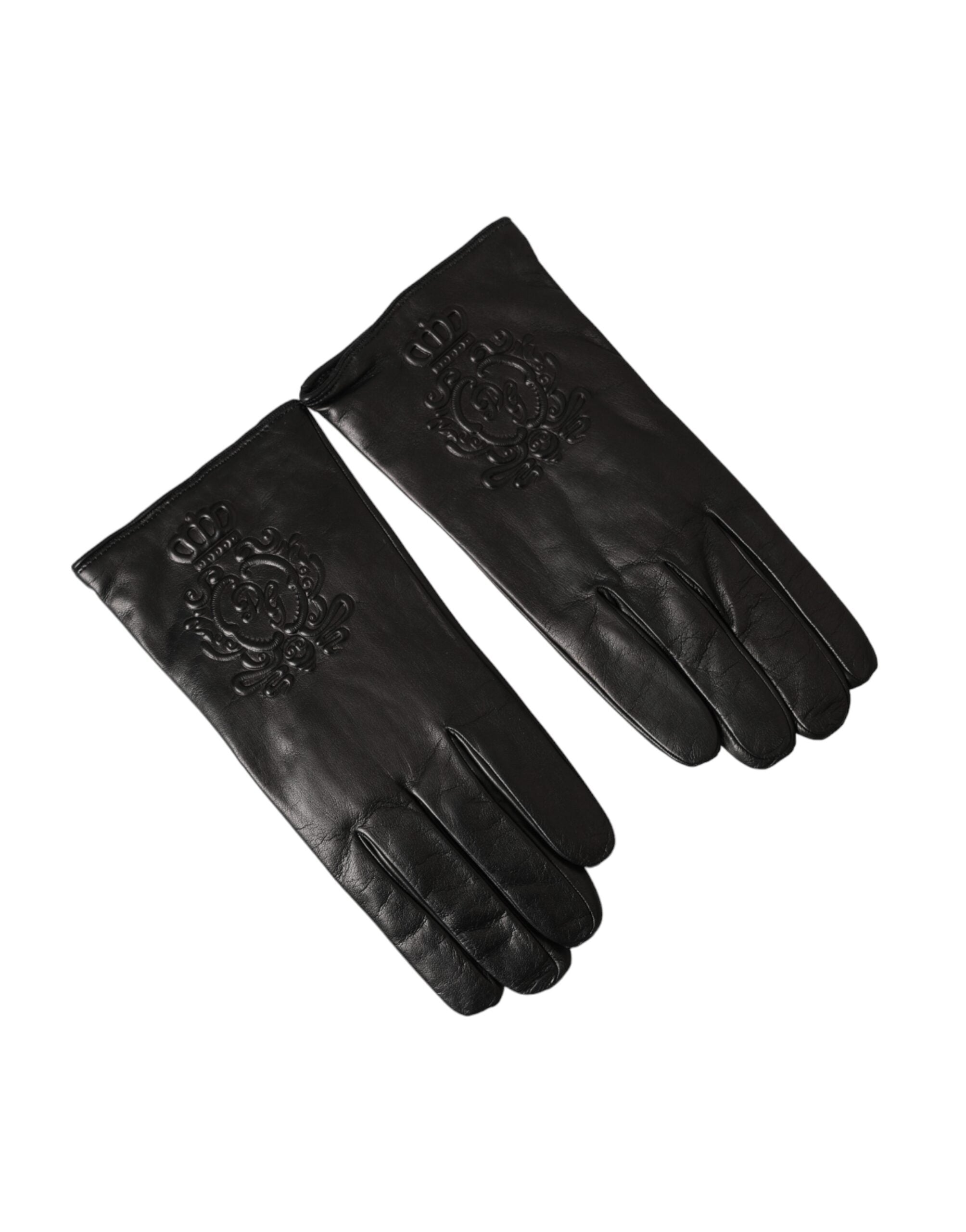 Black Leather Embossed Logo Short Hands Gloves - ventzia