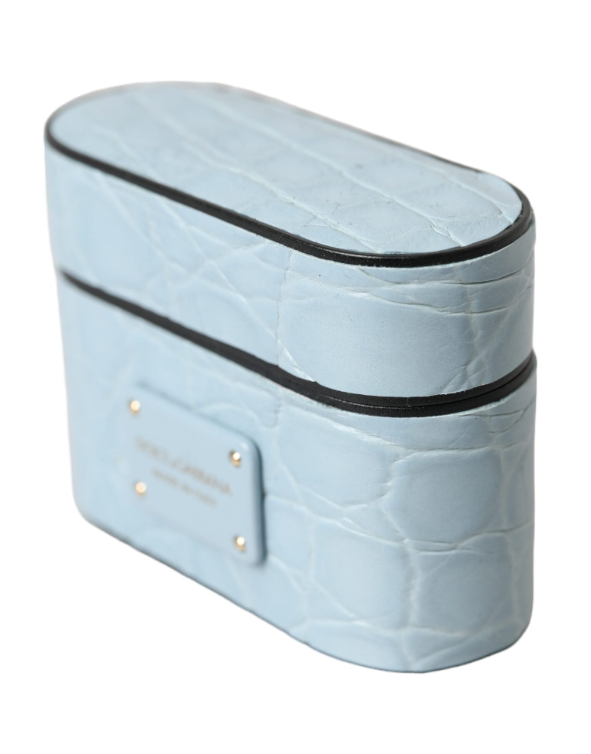 Light Blue Leather Metal Logo Plaque Airpods Case - ventzia