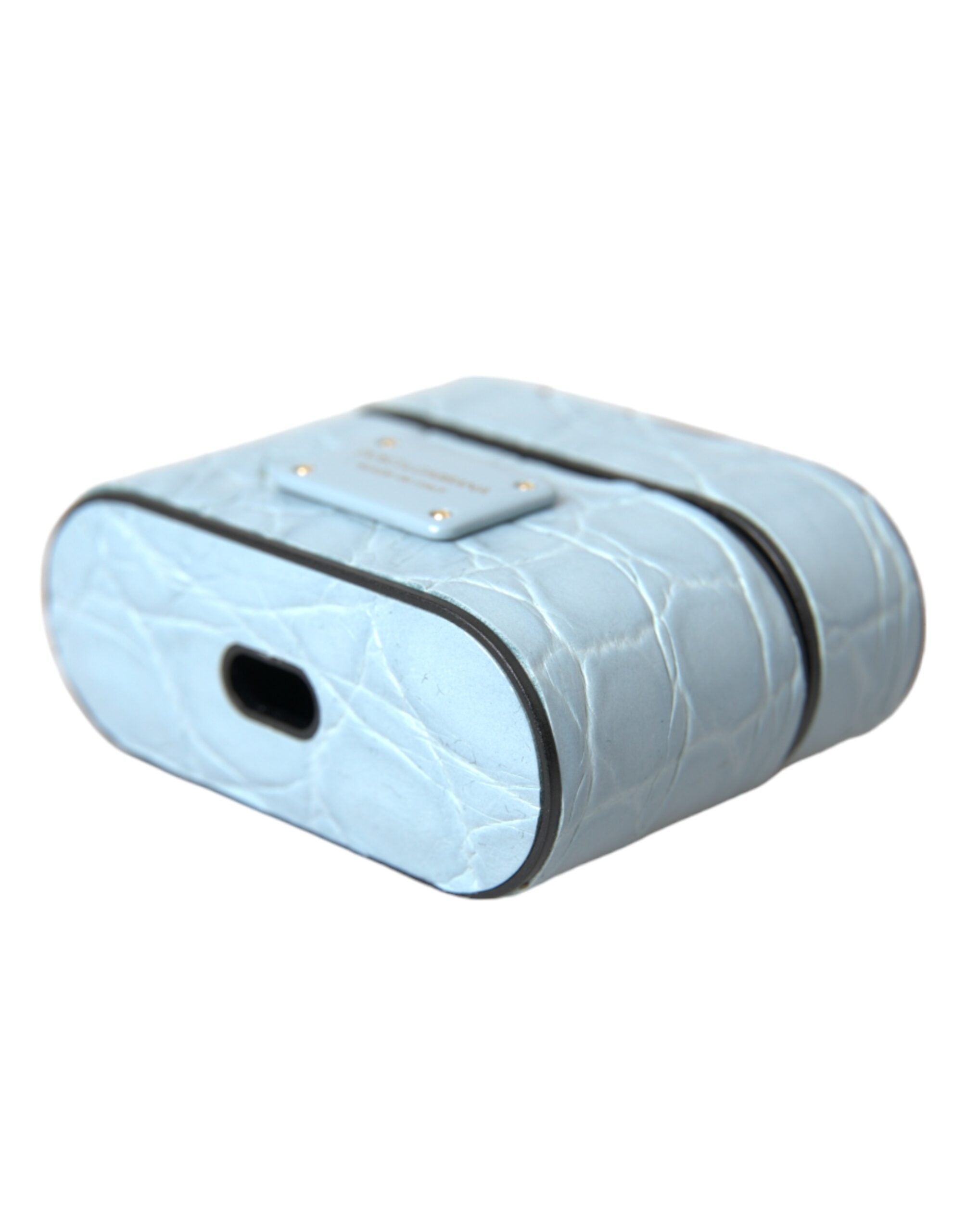Light Blue Leather Metal Logo Plaque Airpods Case - ventzia