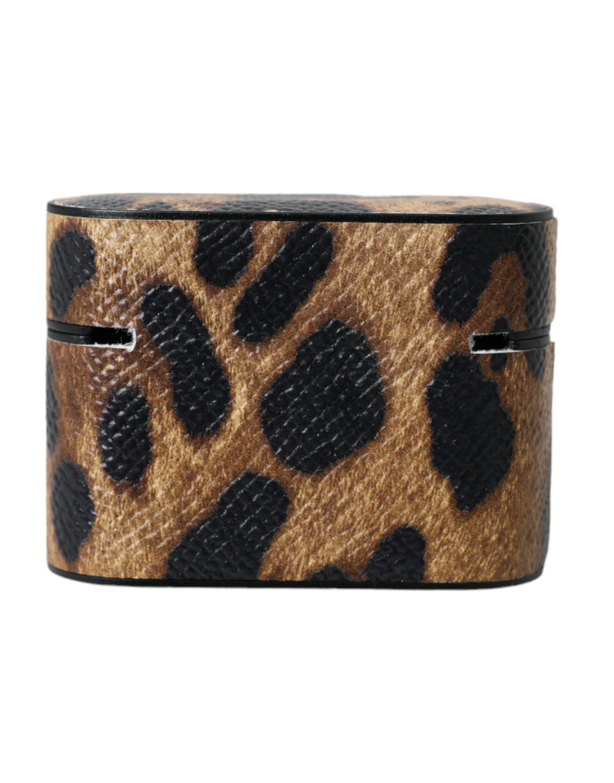 Brown Leopard Calf Leather Metal Logo Plaque Airpods Case - ventzia