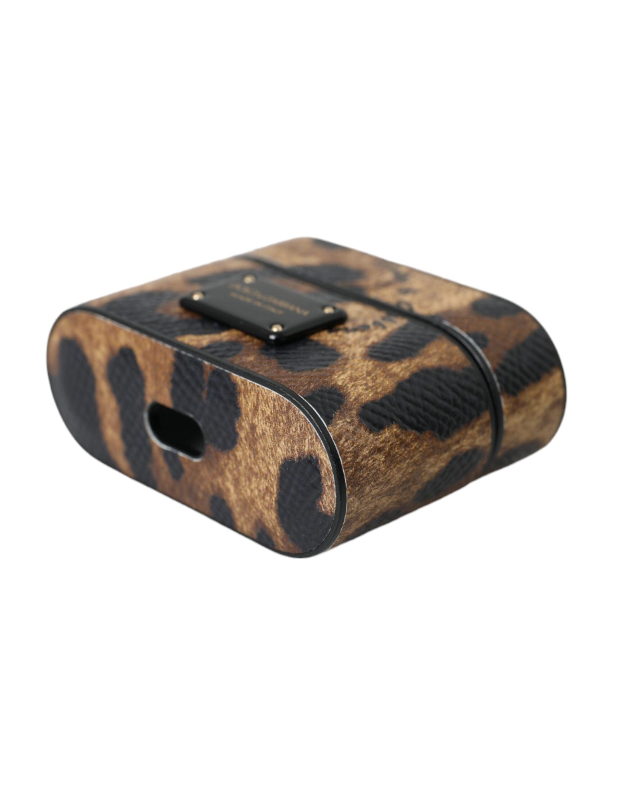 Brown Leopard Calf Leather Metal Logo Plaque Airpods Case - ventzia